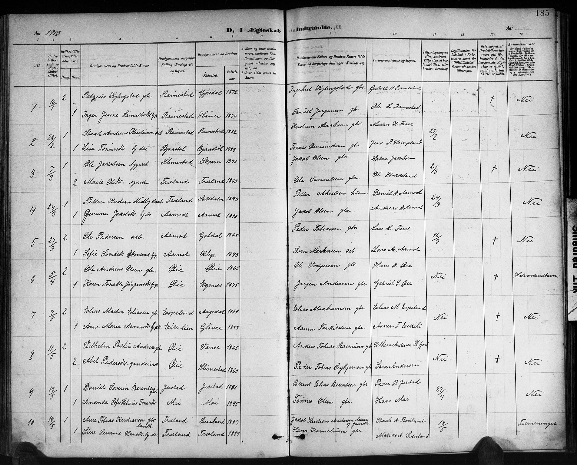 Kvinesdal sokneprestkontor, SAK/1111-0026/F/Fb/Fbb/L0003: Parish register (copy) no. B 3, 1898-1916, p. 185