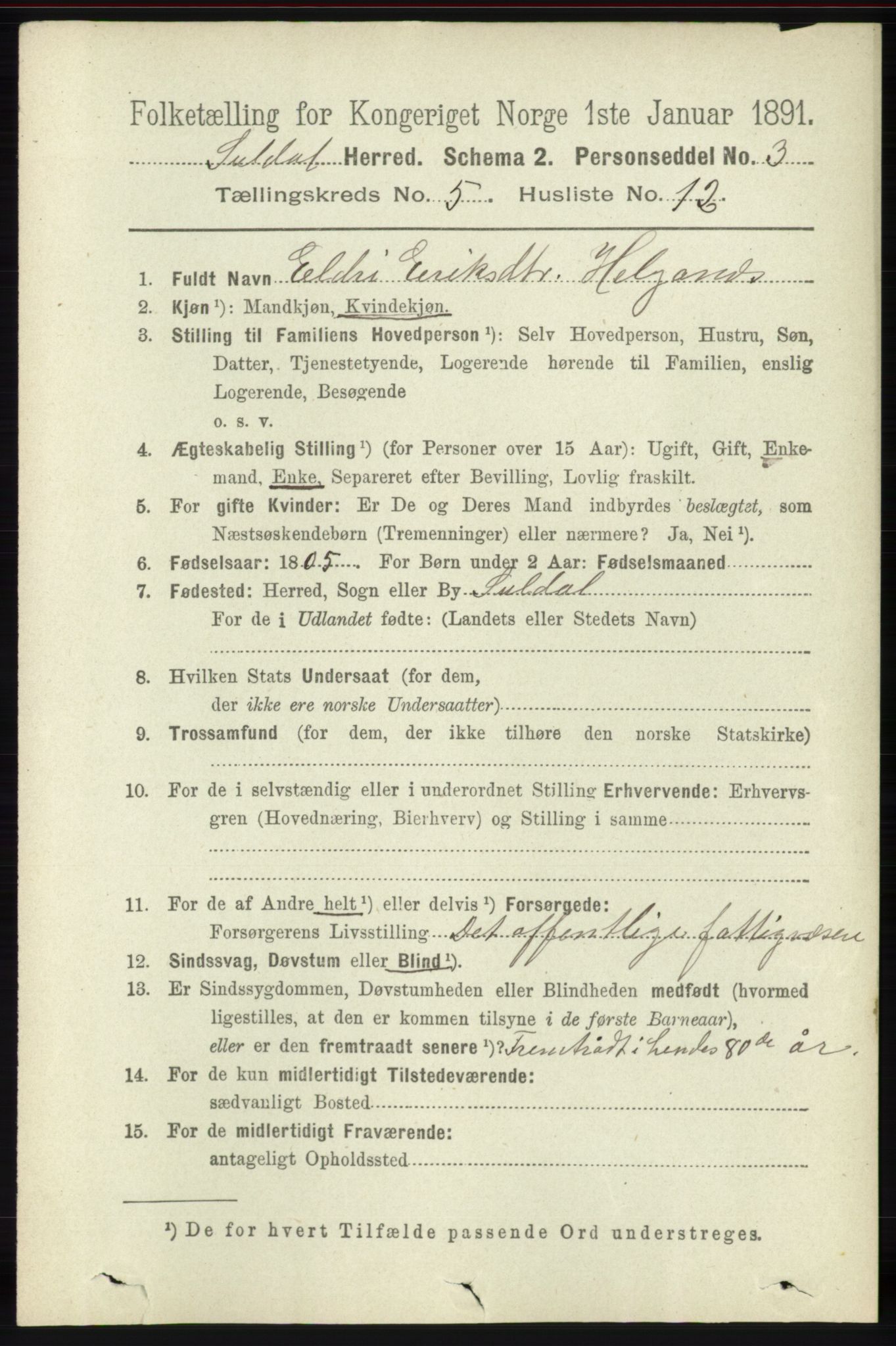 RA, 1891 census for 1134 Suldal, 1891, p. 1526