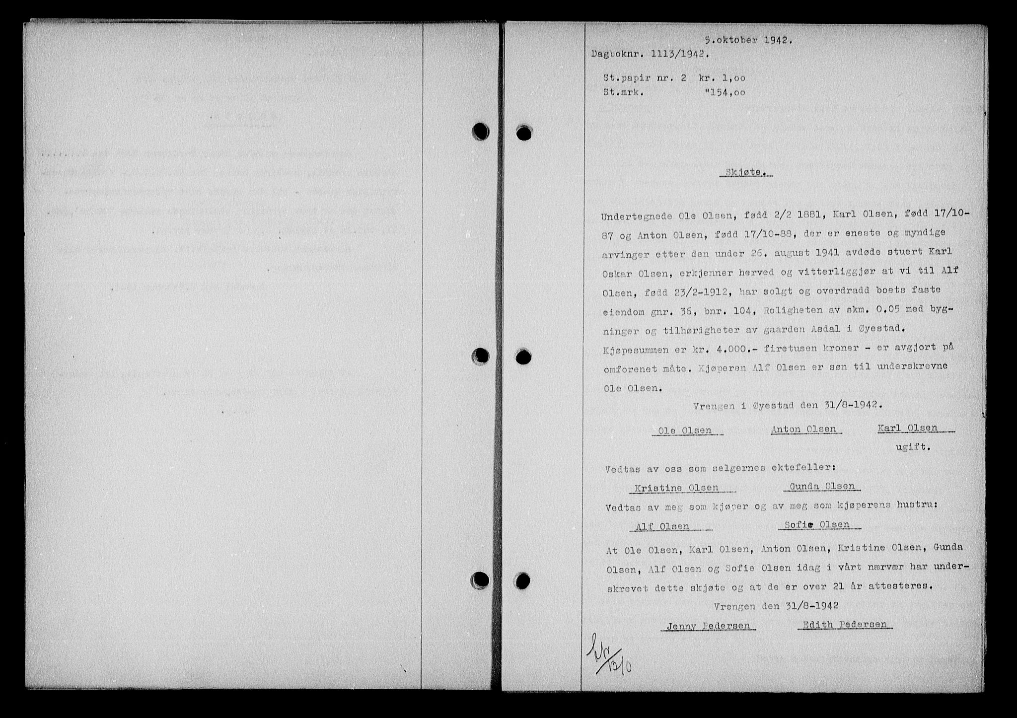 Nedenes sorenskriveri, SAK/1221-0006/G/Gb/Gba/L0050: Mortgage book no. A-IV, 1942-1943, Diary no: : 1113/1942