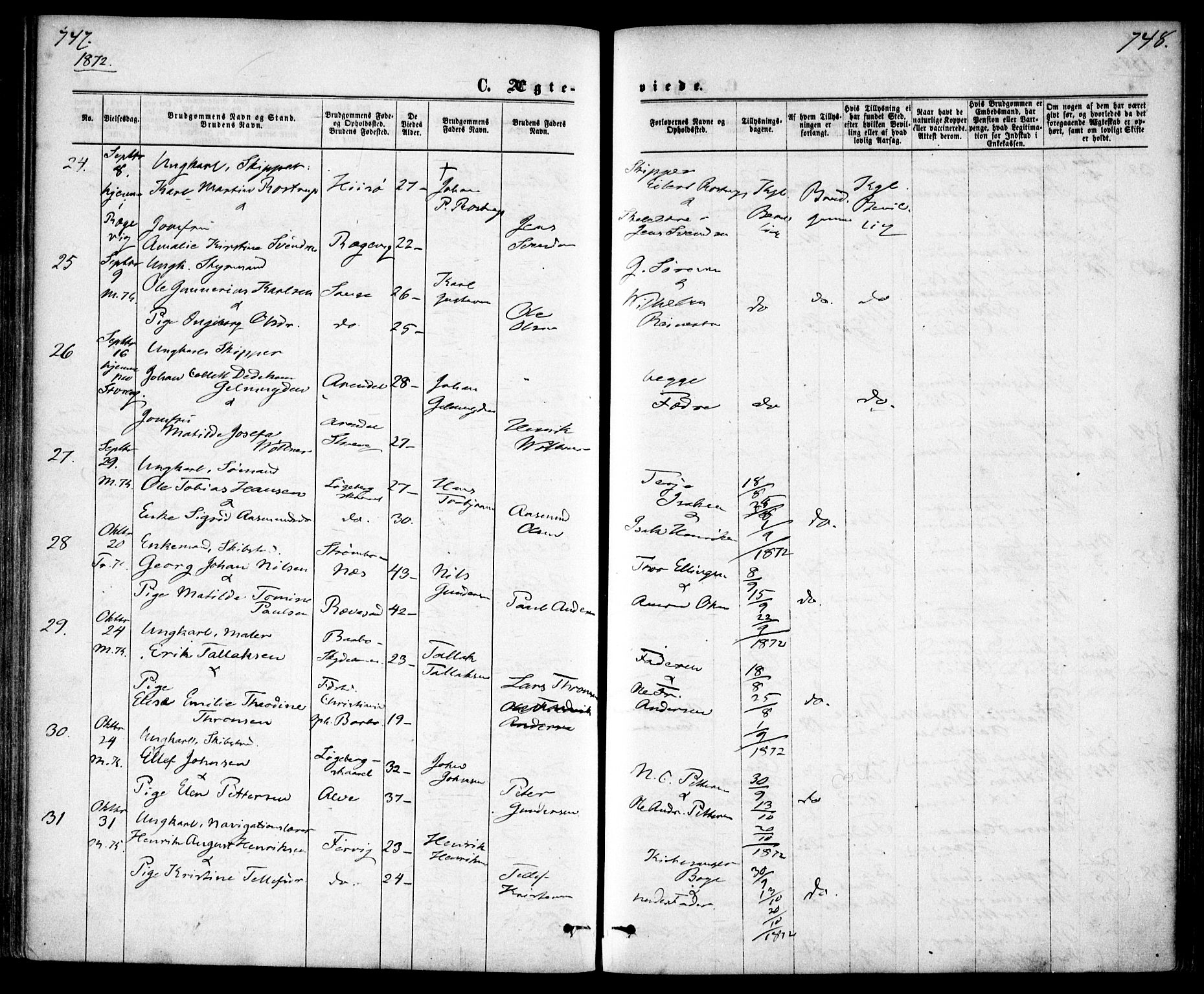 Tromøy sokneprestkontor, AV/SAK-1111-0041/F/Fa/L0008: Parish register (official) no. A 8, 1870-1877, p. 747-748