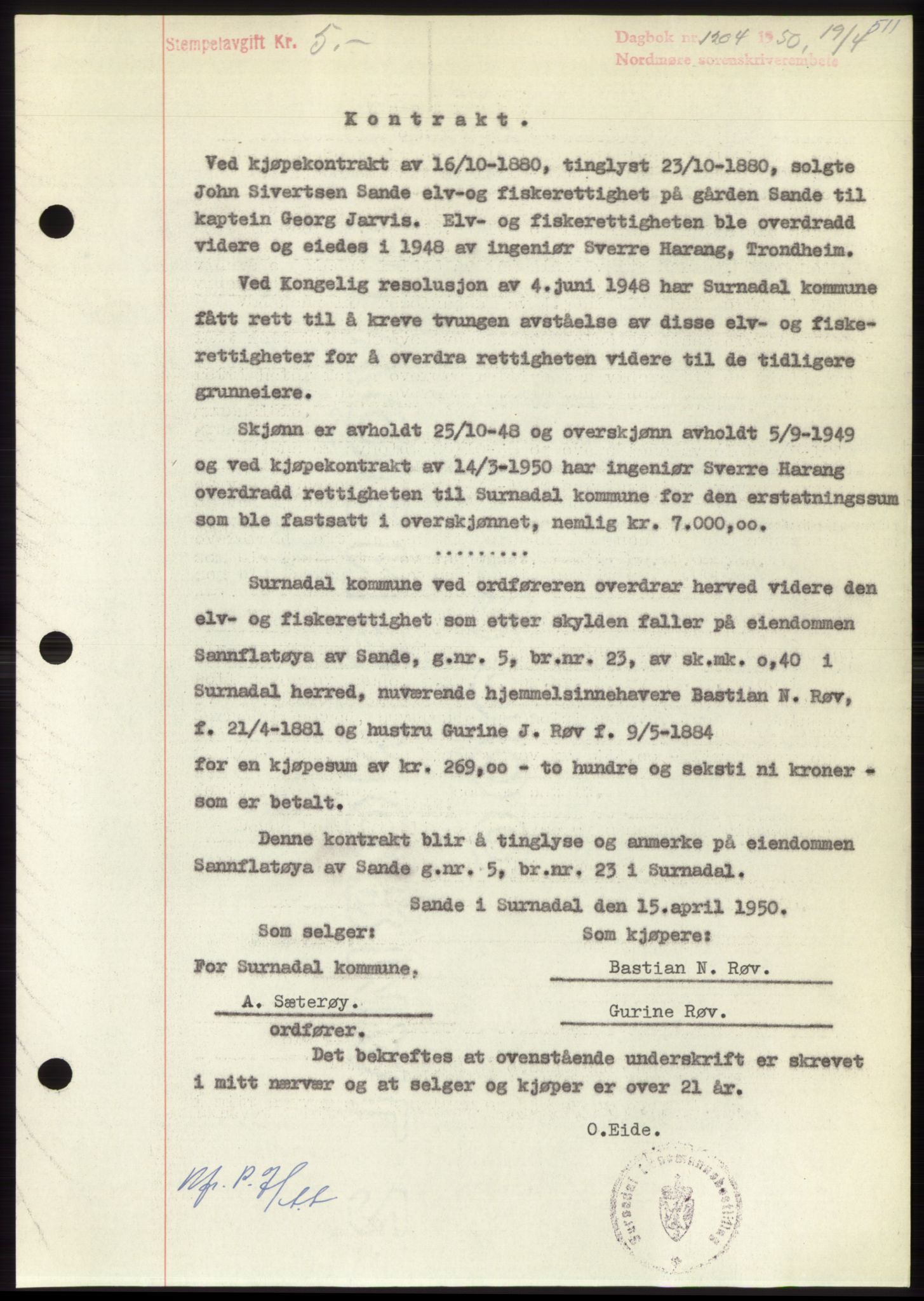 Nordmøre sorenskriveri, AV/SAT-A-4132/1/2/2Ca: Mortgage book no. B104, 1950-1950, Diary no: : 1204/1950