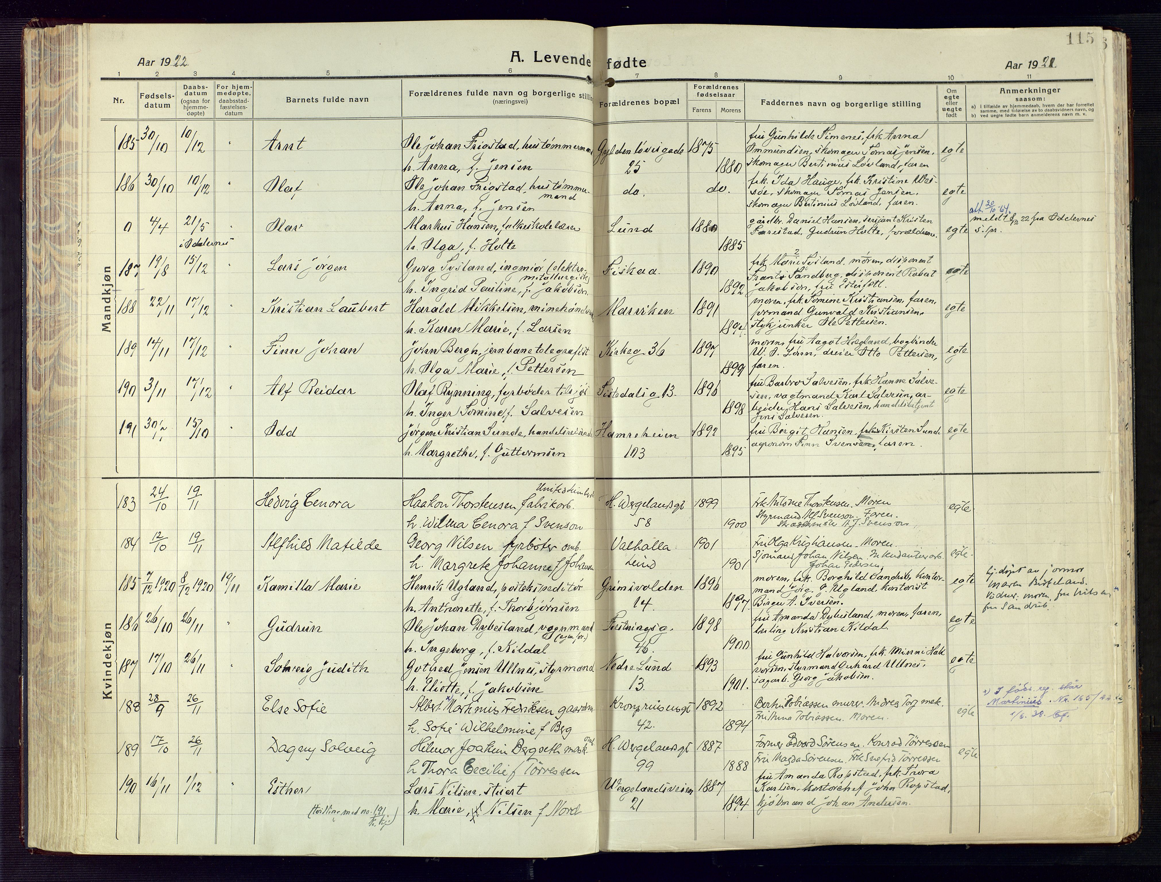 Kristiansand domprosti, AV/SAK-1112-0006/F/Fa/L0024: Parish register (official) no. A 23, 1918-1928, p. 115