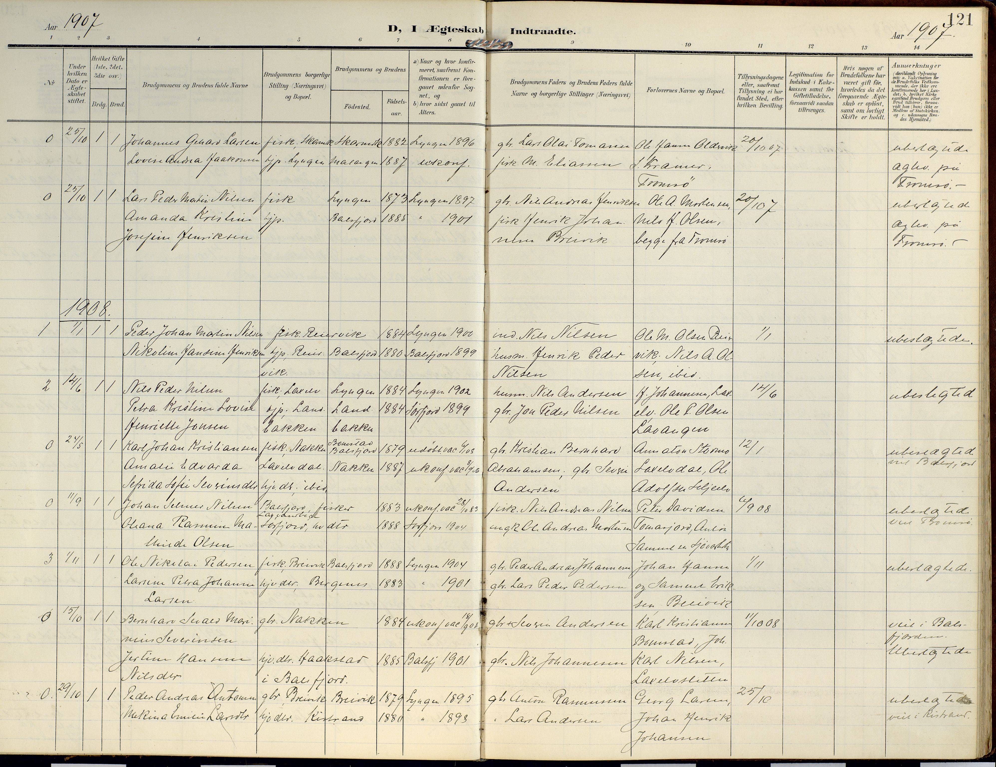 Lyngen sokneprestembete, SATØ/S-1289/H/He/Hea/L0014kirke: Parish register (official) no. 14, 1905-1920, p. 121