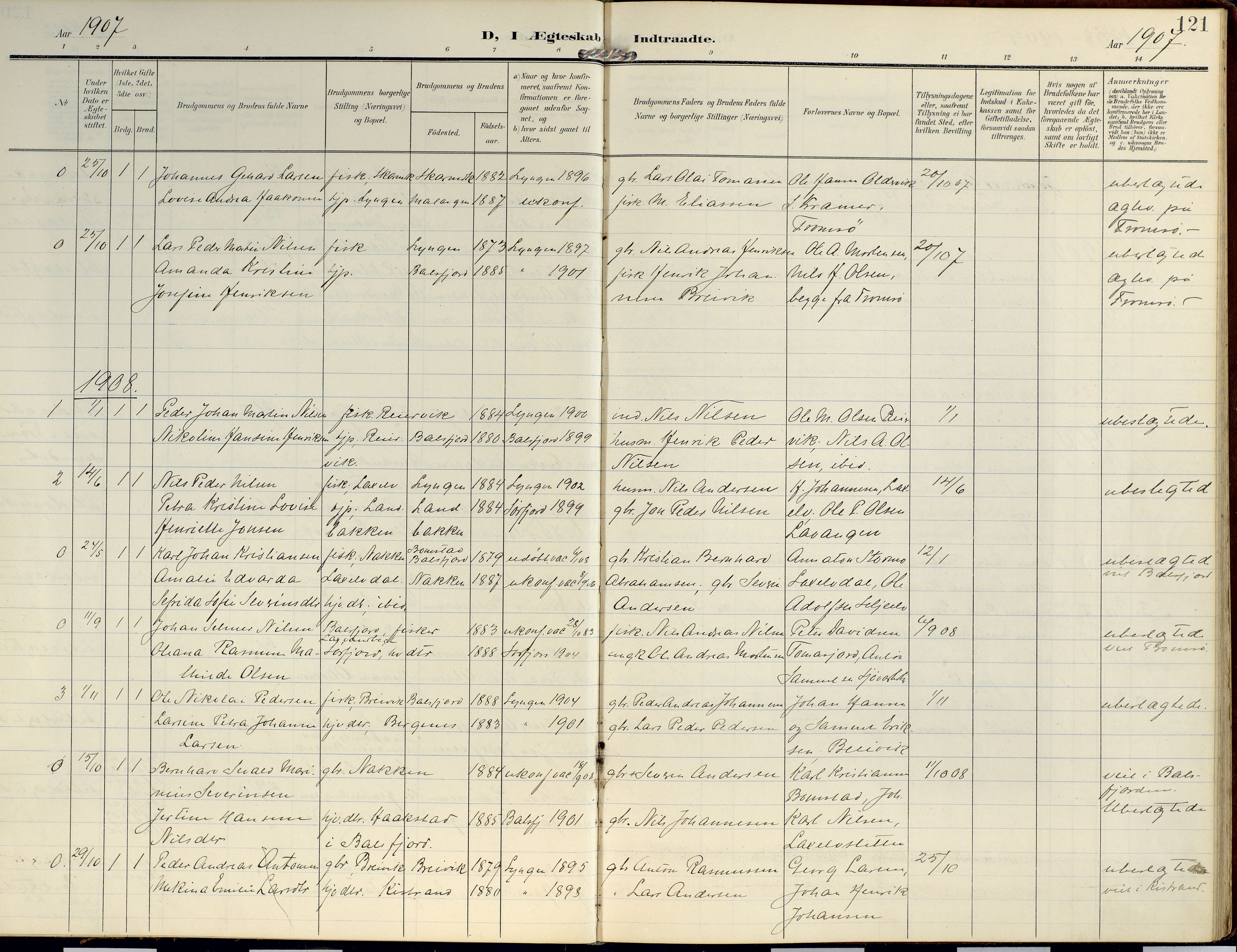 Lyngen sokneprestembete, AV/SATØ-S-1289/H/He/Hea/L0014kirke: Parish register (official) no. 14, 1905-1920, p. 121