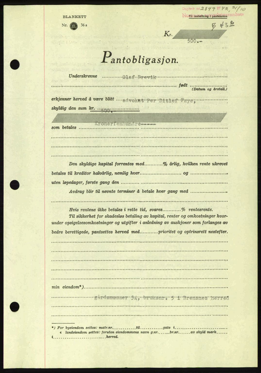 Nordmøre sorenskriveri, AV/SAT-A-4132/1/2/2Ca: Mortgage book no. B90, 1942-1943, Diary no: : 2849/1942