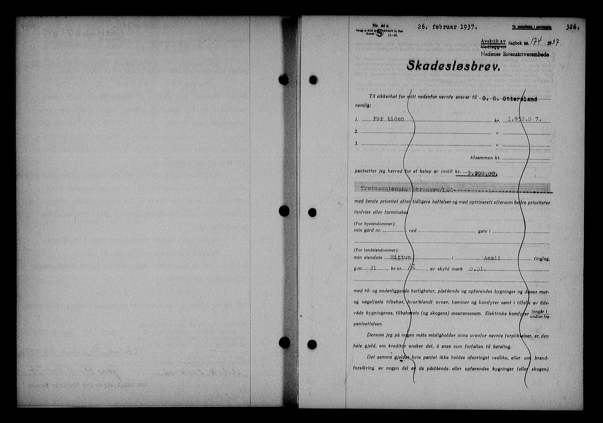 Nedenes sorenskriveri, SAK/1221-0006/G/Gb/Gba/L0043: Mortgage book no. 39, 1936-1937, Diary no: : 174/1937