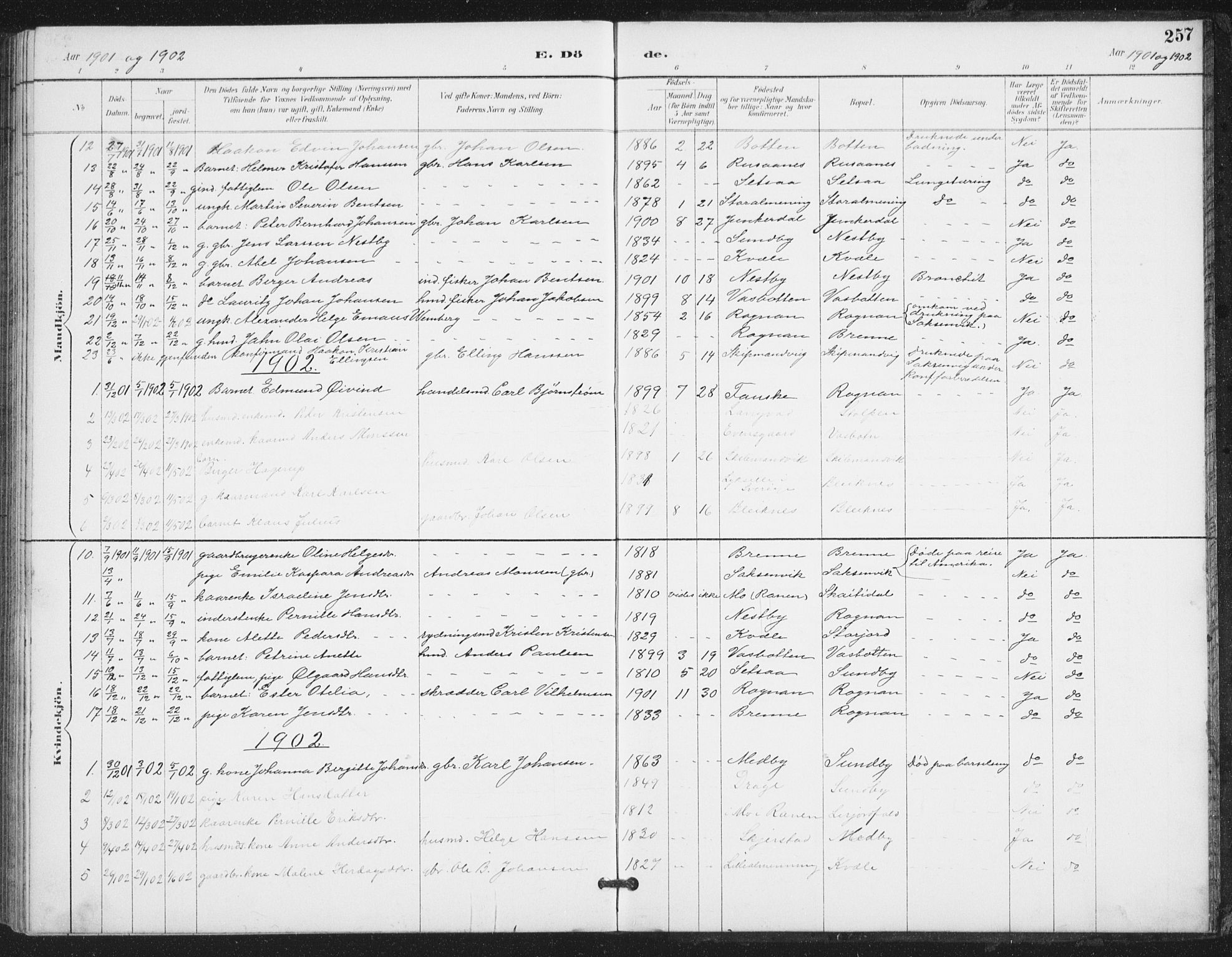 Ministerialprotokoller, klokkerbøker og fødselsregistre - Nordland, SAT/A-1459/847/L0682: Parish register (copy) no. 847C10, 1889-1907, p. 257