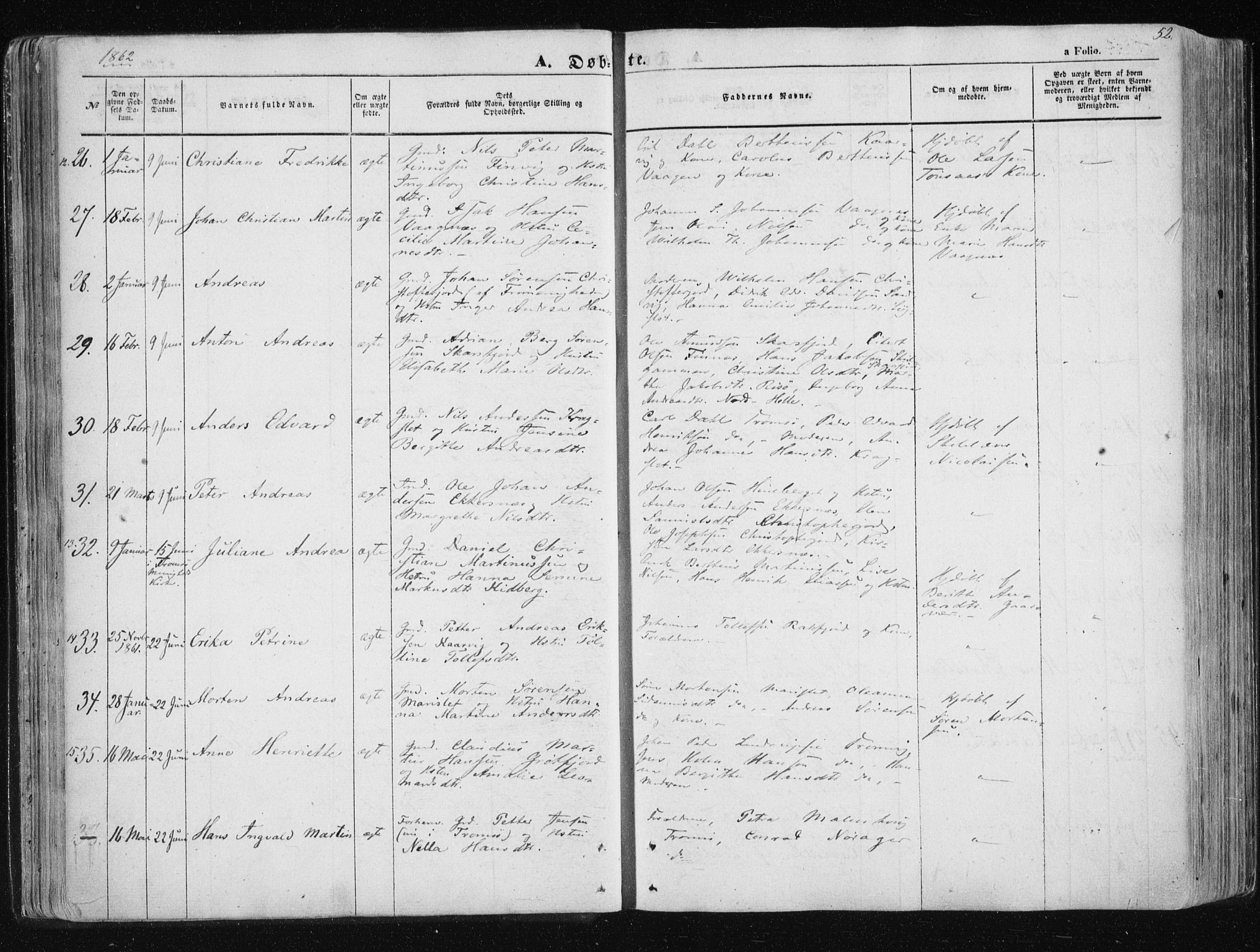Tromsøysund sokneprestkontor, SATØ/S-1304/G/Ga/L0001kirke: Parish register (official) no. 1, 1856-1867, p. 52