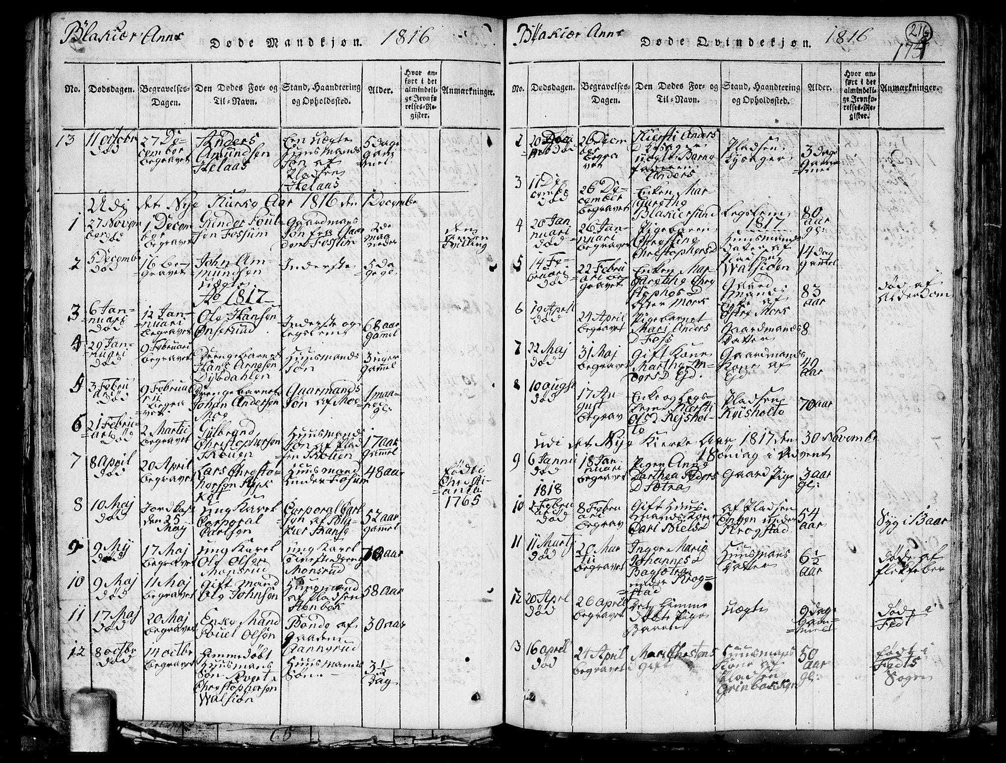 Aurskog prestekontor Kirkebøker, SAO/A-10304a/G/Ga/L0001: Parish register (copy) no. I 1, 1814-1829, p. 216