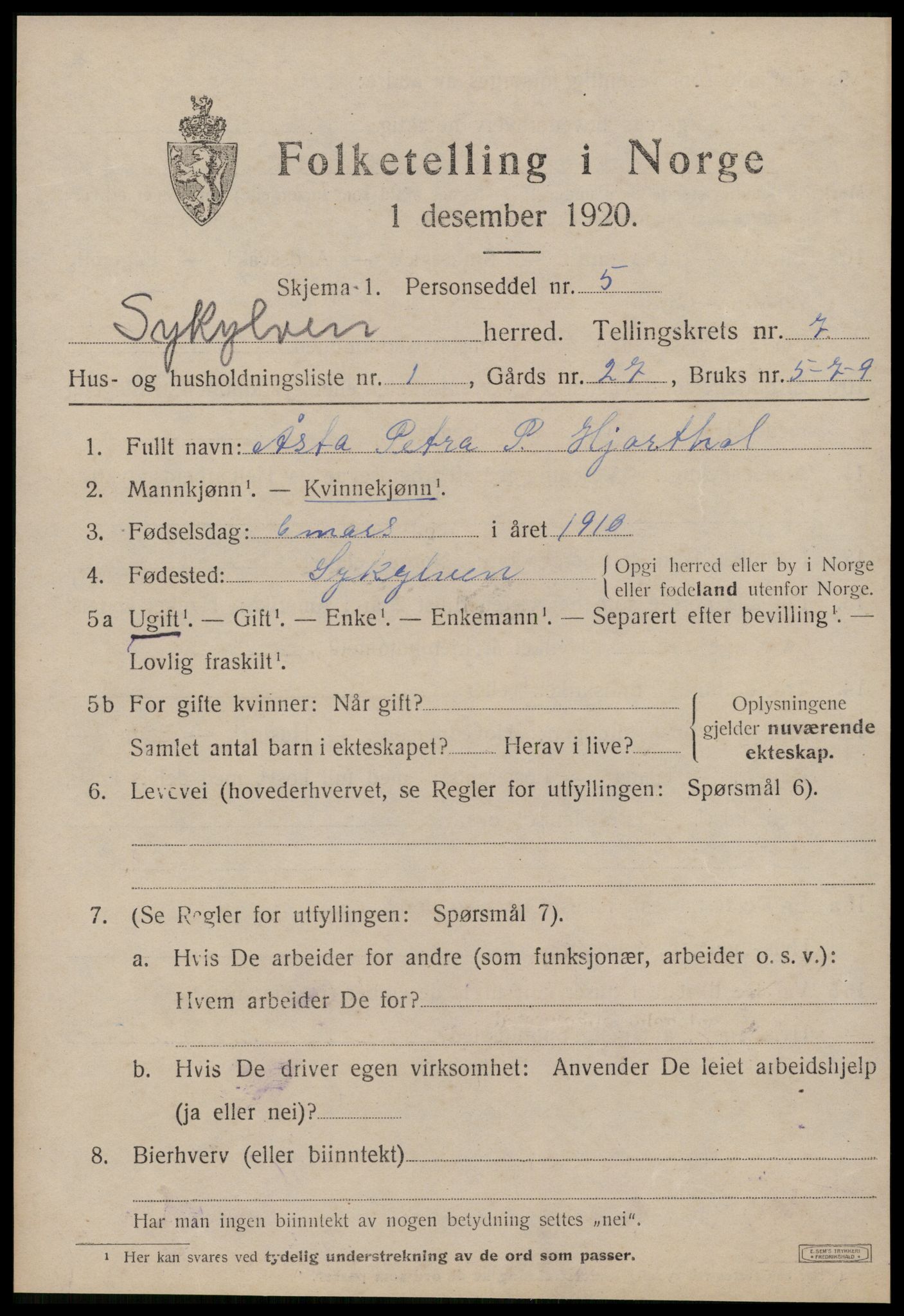 SAT, 1920 census for Sykkylven, 1920, p. 4015