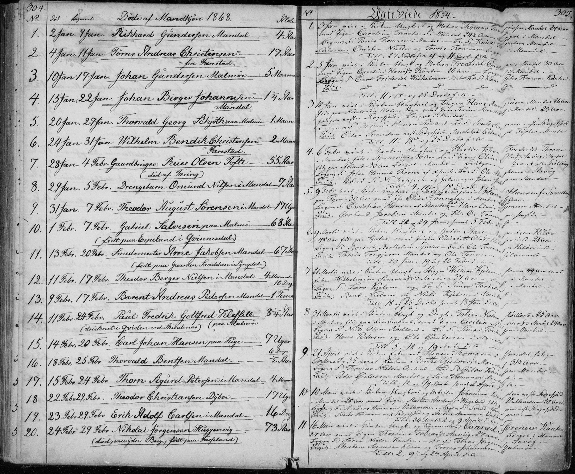 Mandal sokneprestkontor, AV/SAK-1111-0030/F/Fb/Fba/L0008: Parish register (copy) no. B 2, 1854-1868, p. 304-305