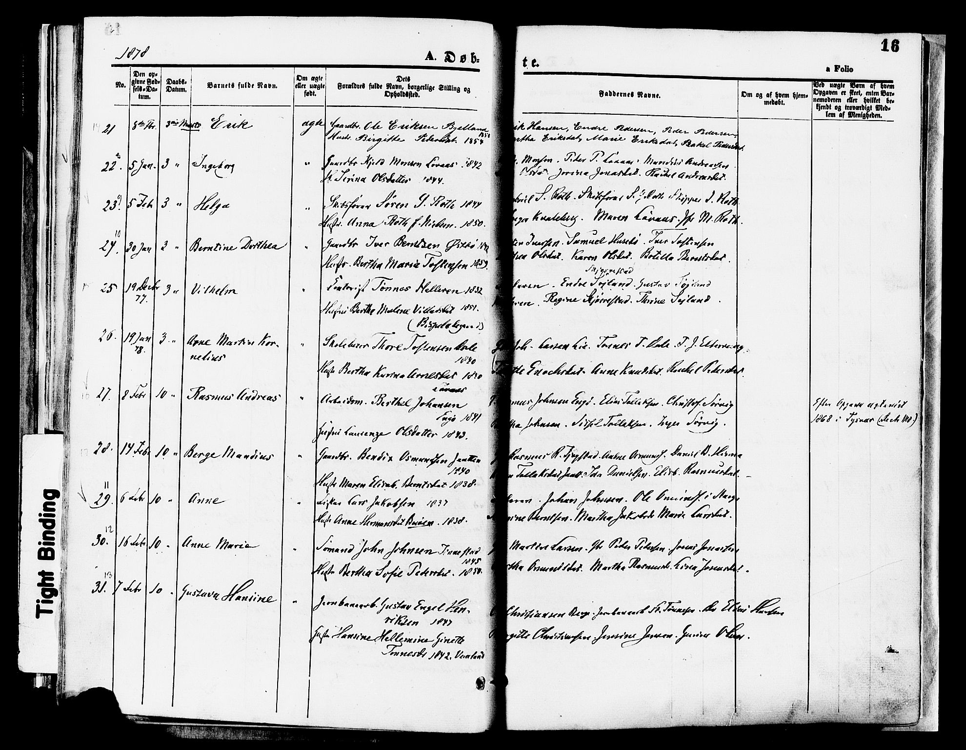 Hetland sokneprestkontor, AV/SAST-A-101826/30/30BA/L0008: Parish register (official) no. A 8, 1877-1884, p. 16