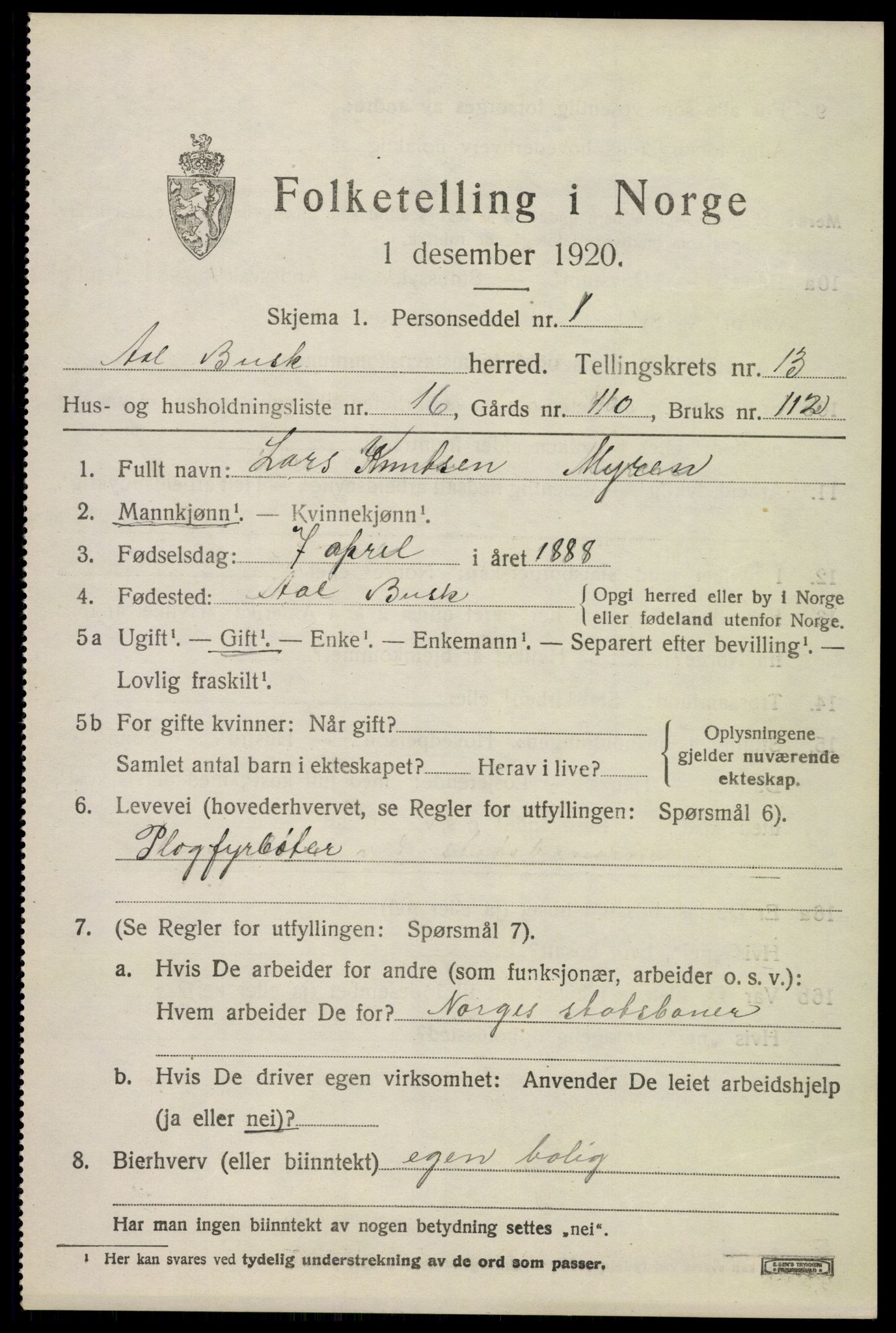 SAKO, 1920 census for Ål, 1920, p. 7416