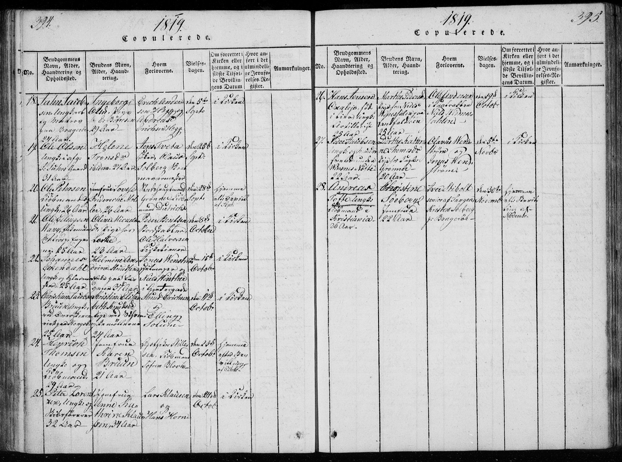 Bragernes kirkebøker, SAKO/A-6/F/Fa/L0007: Parish register (official) no. I 7, 1815-1829, p. 394-395