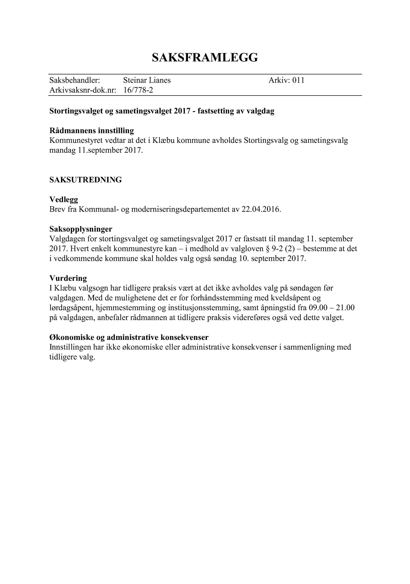 Klæbu Kommune, TRKO/KK/10-VS/L002: Valgstyret - Møtedokumenter, 2016, p. 36