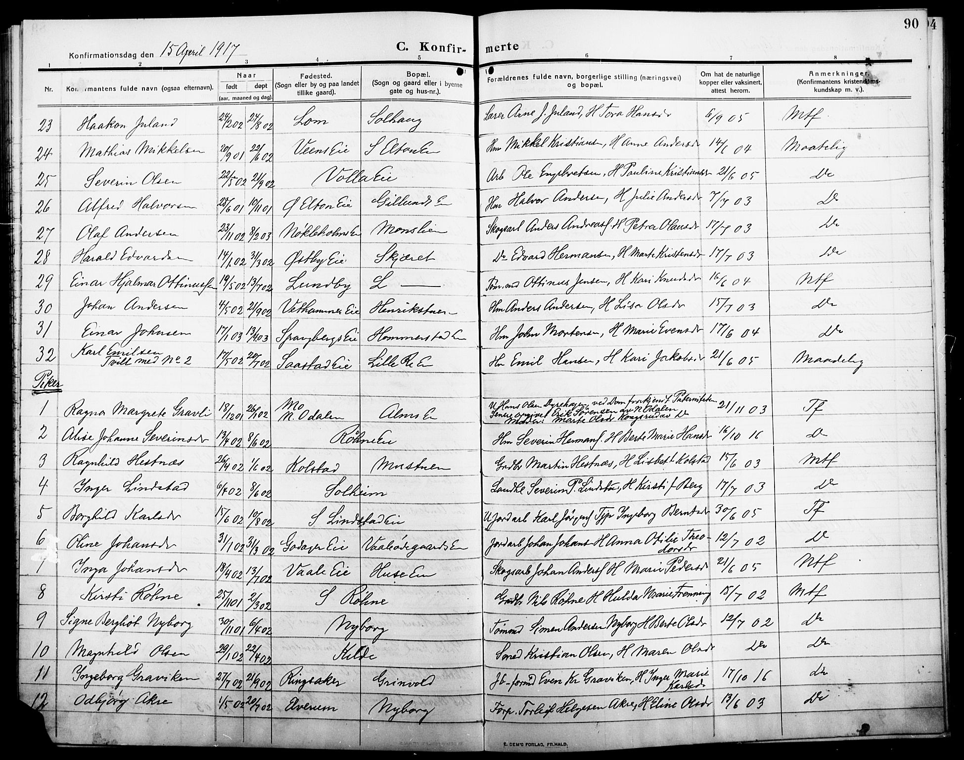 Stange prestekontor, AV/SAH-PREST-002/L/L0014: Parish register (copy) no. 14, 1909-1917, p. 90