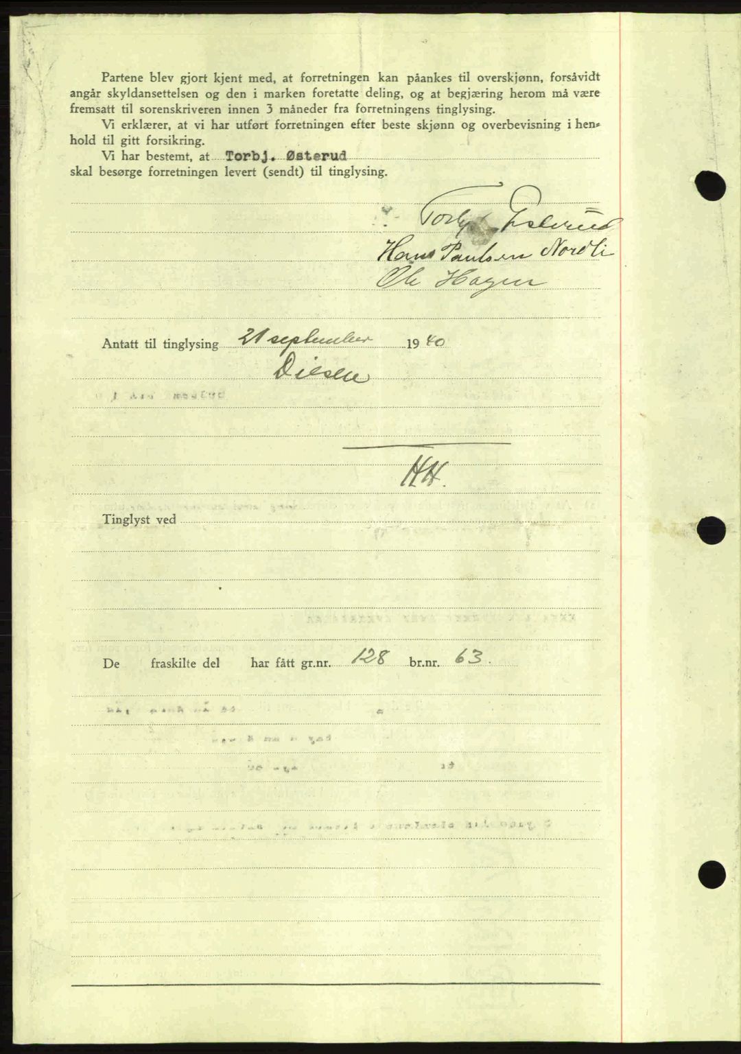 Nes tingrett, SAO/A-10548/G/Gb/Gbb/L0010: Mortgage book no. 54, 1939-1940, Diary no: : 1261/1940