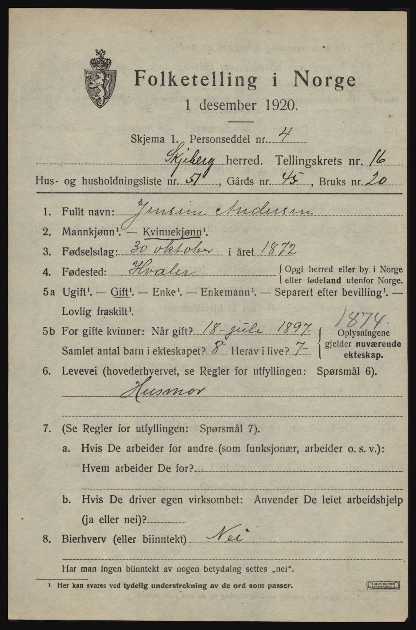 SAO, 1920 census for Skjeberg, 1920, p. 15593