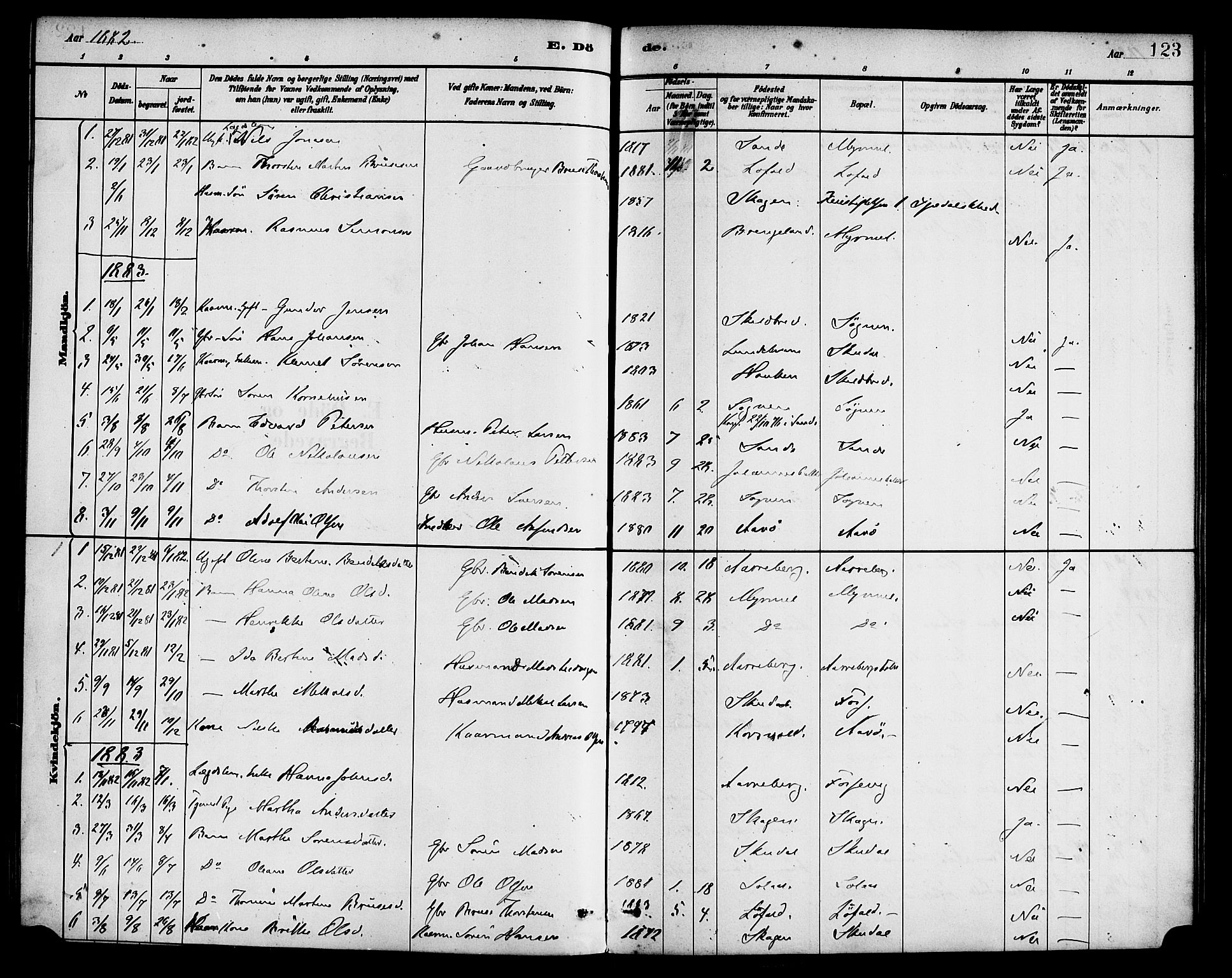 Gaular sokneprestembete, AV/SAB-A-80001/H/Haa: Parish register (official) no. B 1, 1882-1897, p. 123