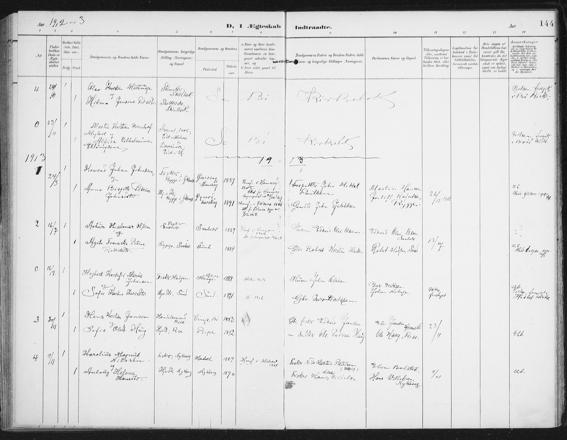 Ministerialprotokoller, klokkerbøker og fødselsregistre - Nordland, SAT/A-1459/892/L1321: Parish register (official) no. 892A02, 1902-1918, p. 144