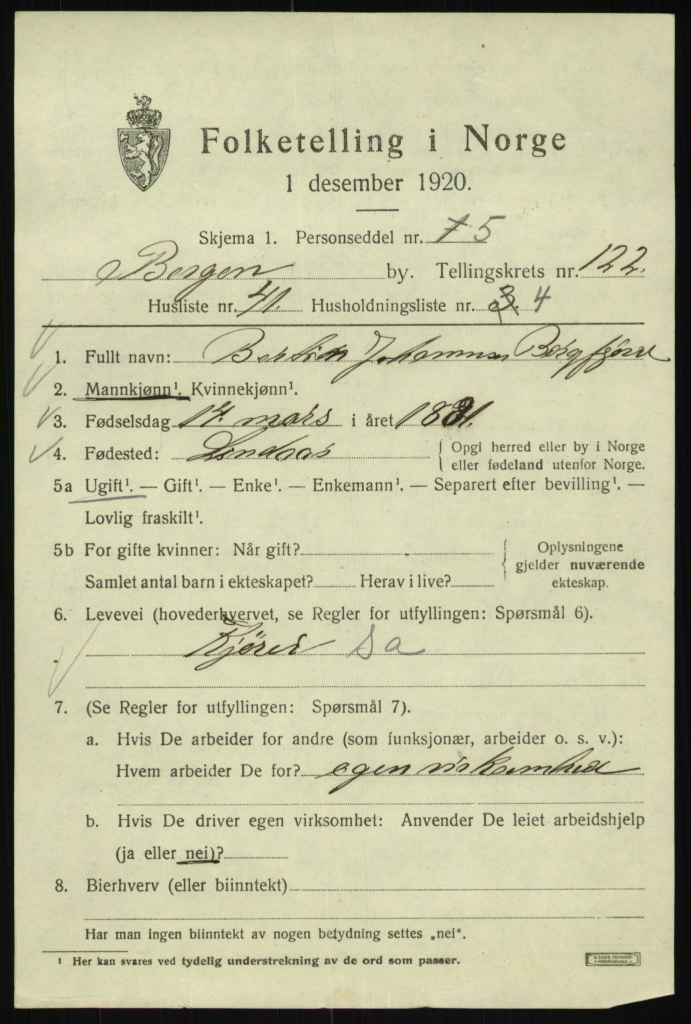 SAB, 1920 census for Bergen, 1920, p. 206550