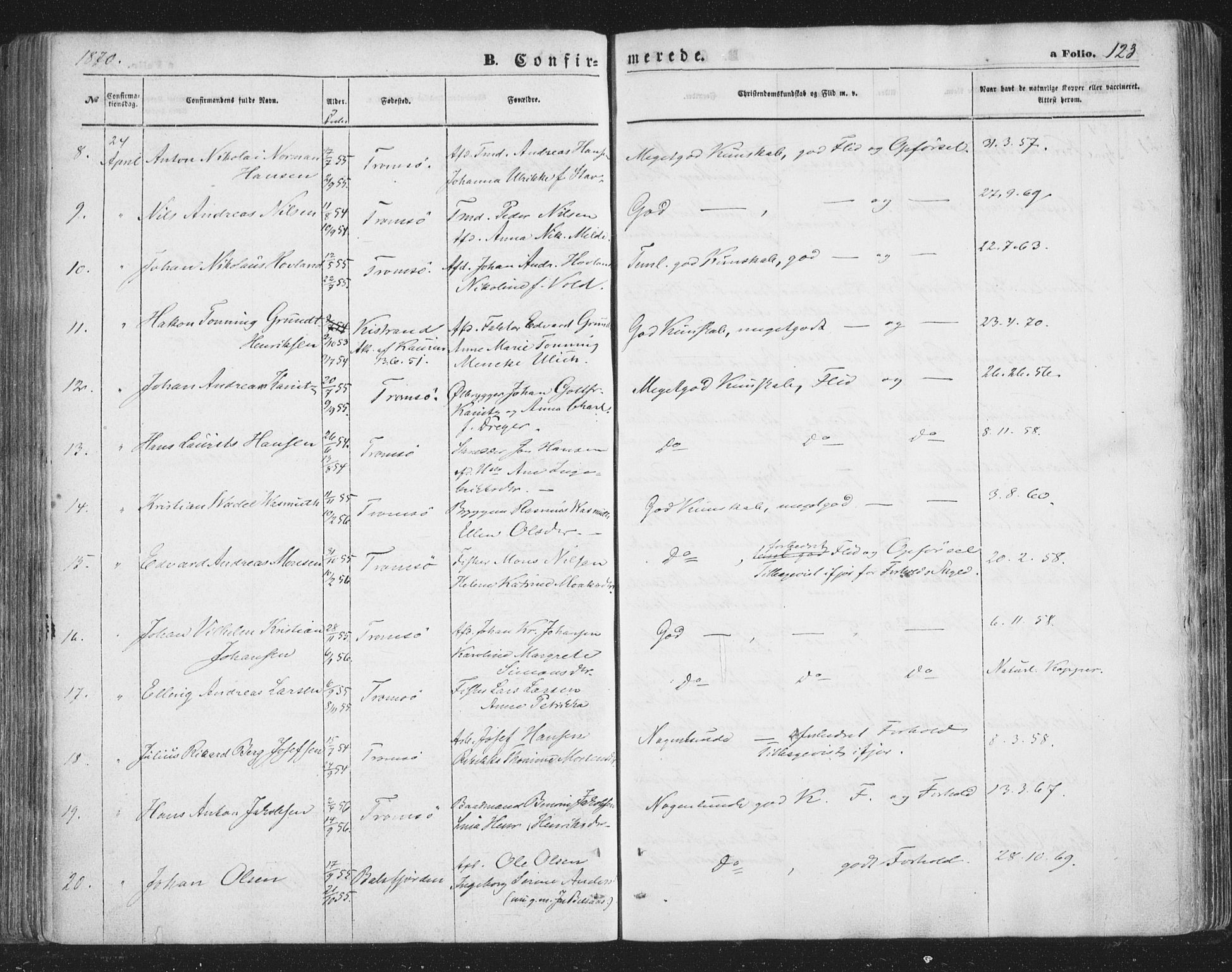 Tromsø sokneprestkontor/stiftsprosti/domprosti, SATØ/S-1343/G/Ga/L0012kirke: Parish register (official) no. 12, 1865-1871, p. 123