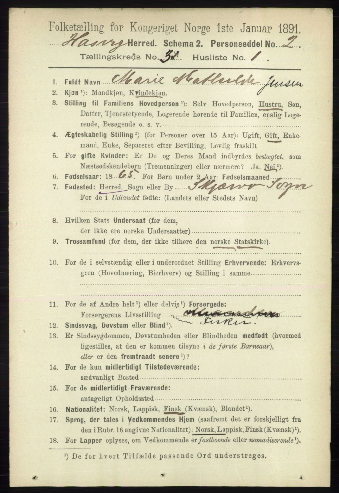 RA, 1891 census for 2015 Hasvik, 1891, p. 402