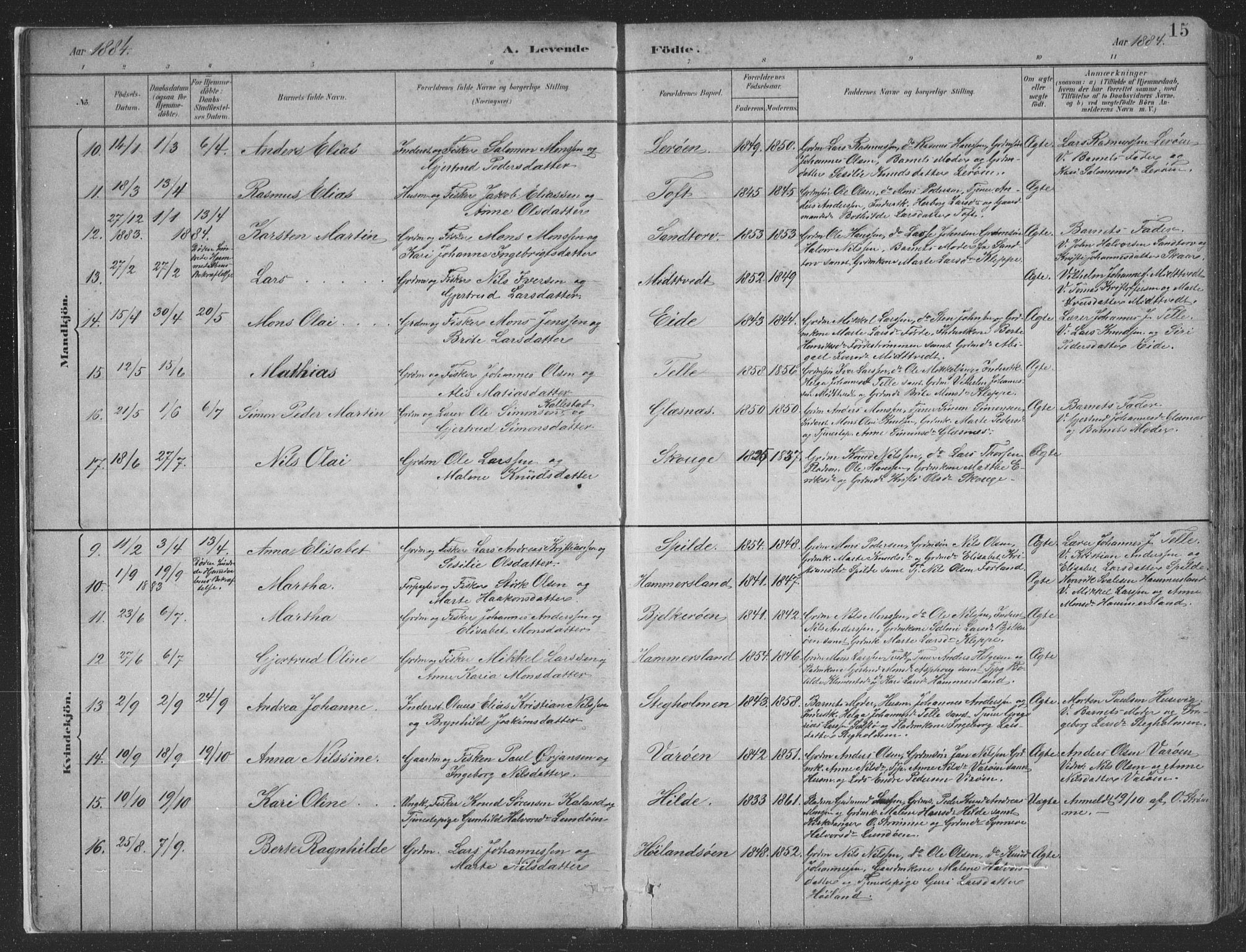Sund sokneprestembete, SAB/A-99930: Parish register (copy) no. B 3, 1882-1911, p. 15