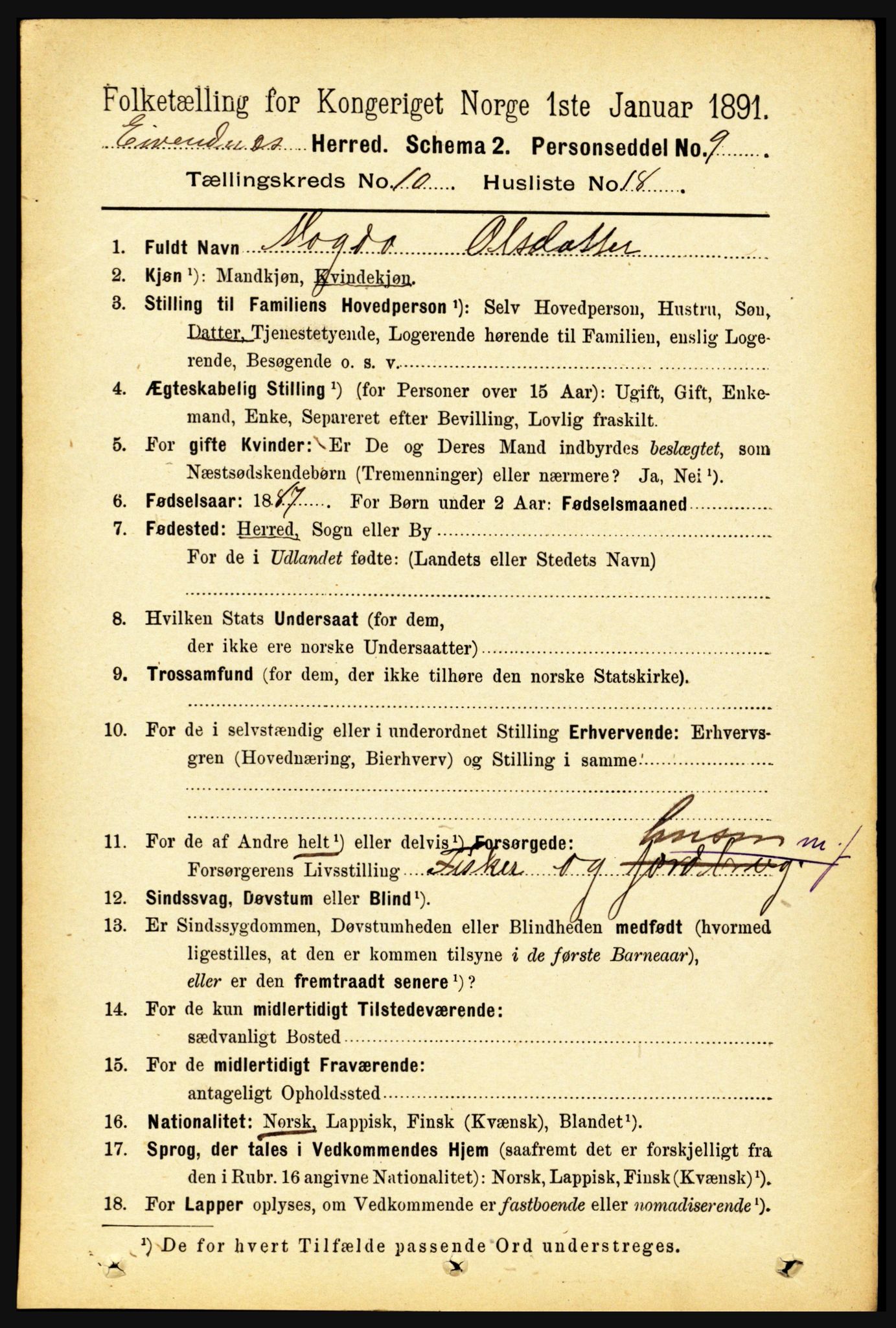 RA, 1891 census for 1853 Evenes, 1891, p. 3270