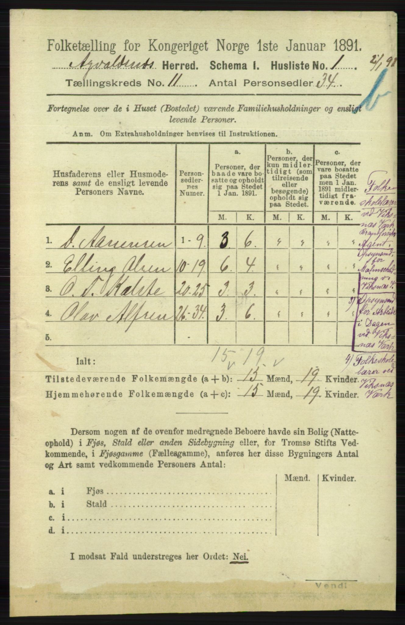 RA, 1891 census for 1147 Avaldsnes, 1891, p. 6167