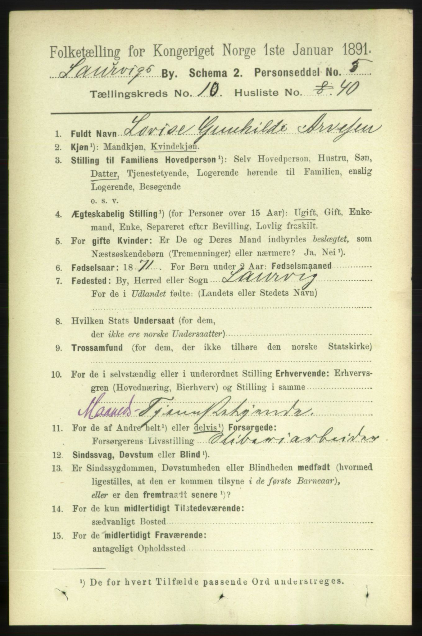 RA, 1891 census for 0707 Larvik, 1891, p. 9429