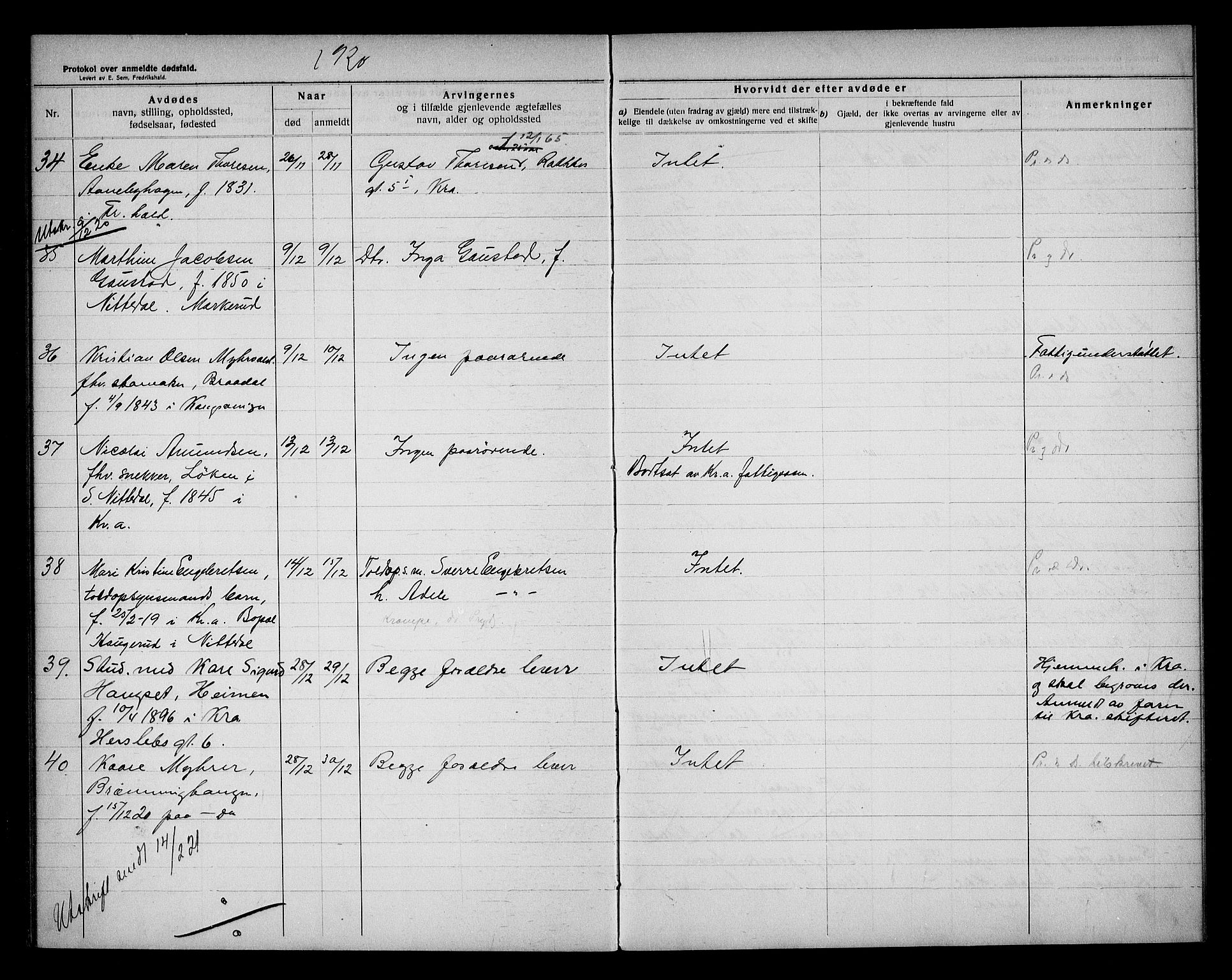 Nittedal lensmannskontor, AV/SAO-A-10454/H/Ha/L0003: Dødsfallsprotokoll, 1914-1930
