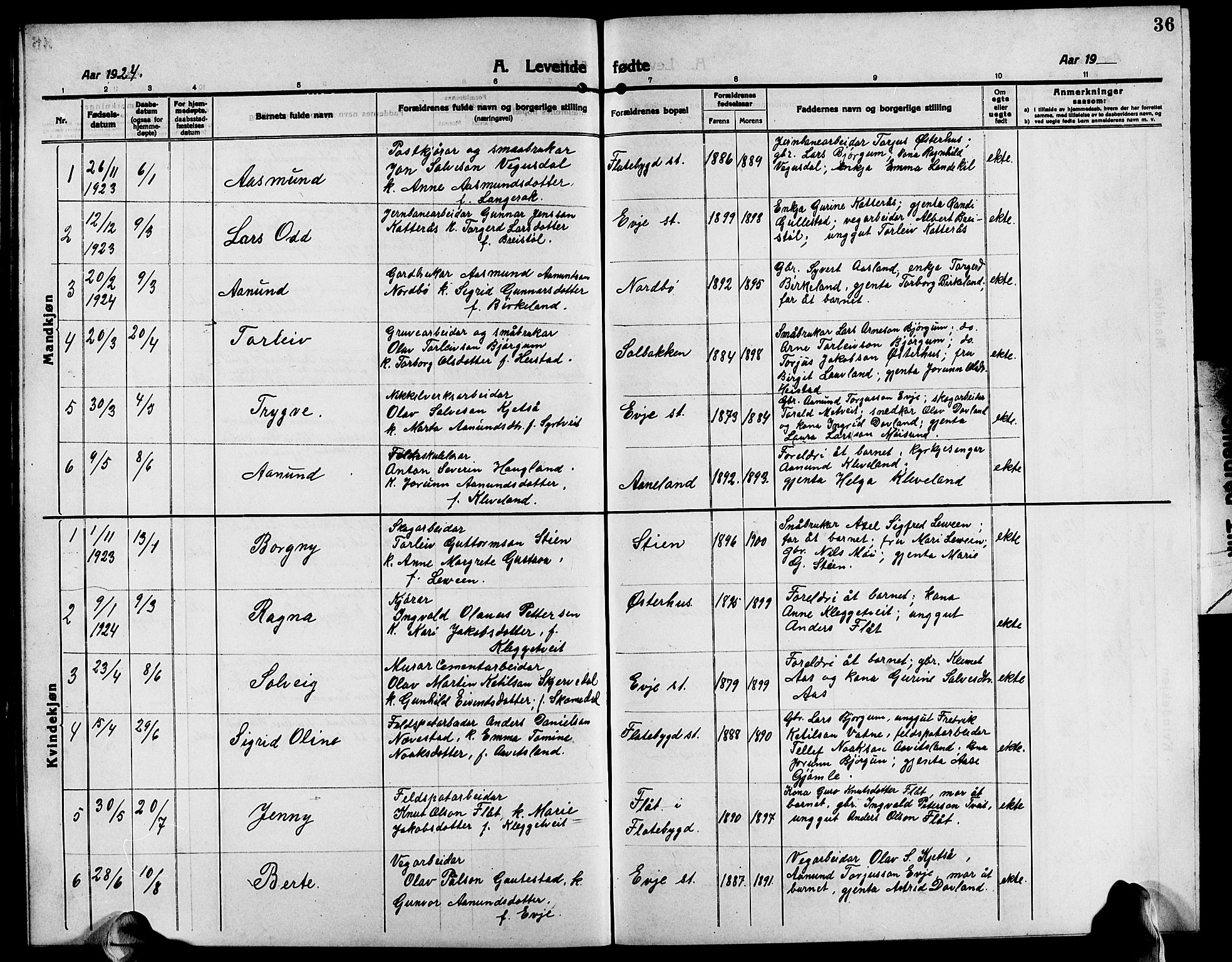 Evje sokneprestkontor, AV/SAK-1111-0008/F/Fb/Fba/L0005: Parish register (copy) no. B 5, 1914-1926, p. 36