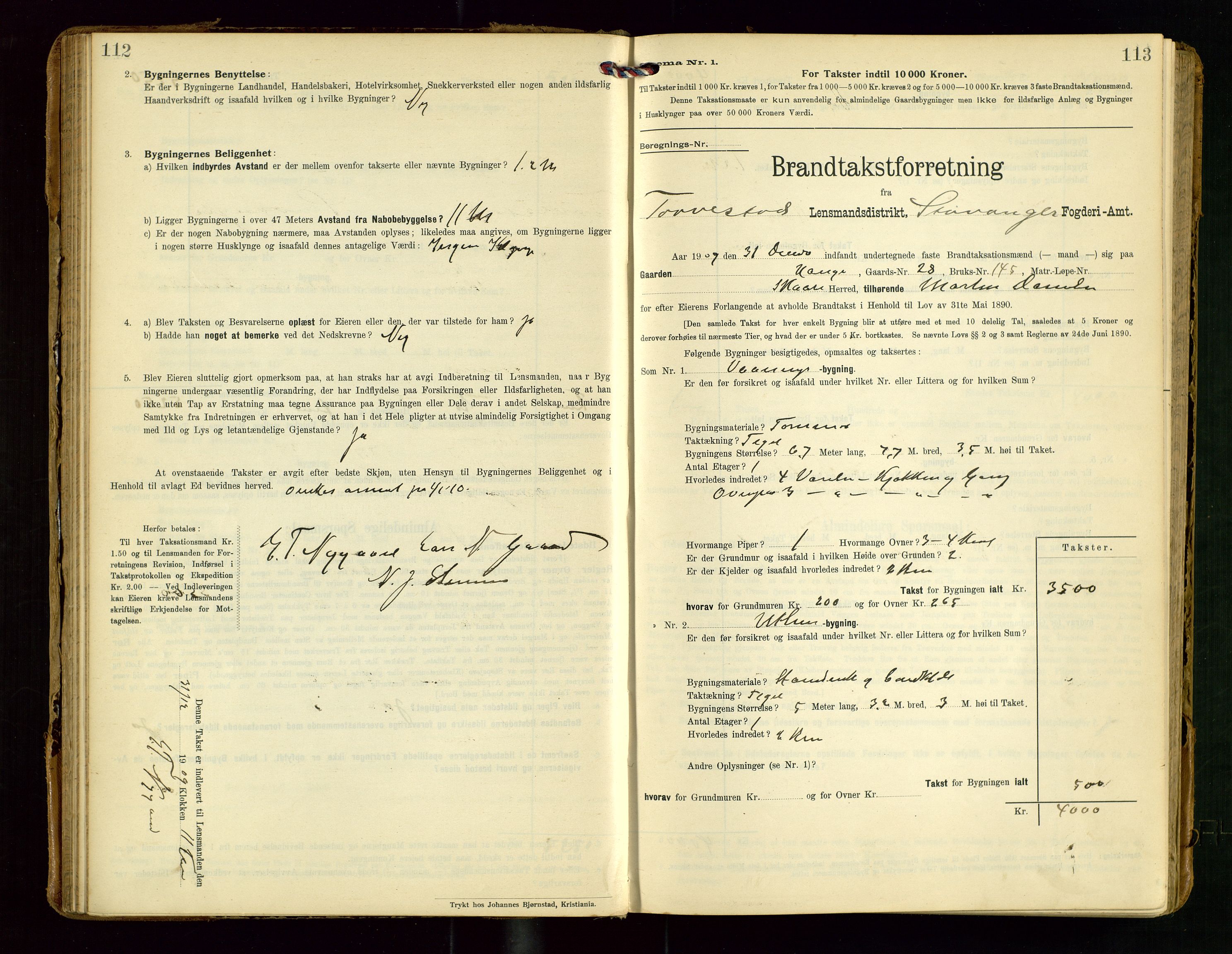 Torvestad lensmannskontor, SAST/A-100307/1/Gob/L0004: "Brandtaxationsprotokol for Torvestad Lensmannsdistrikt", 1909-1923, p. 112-113