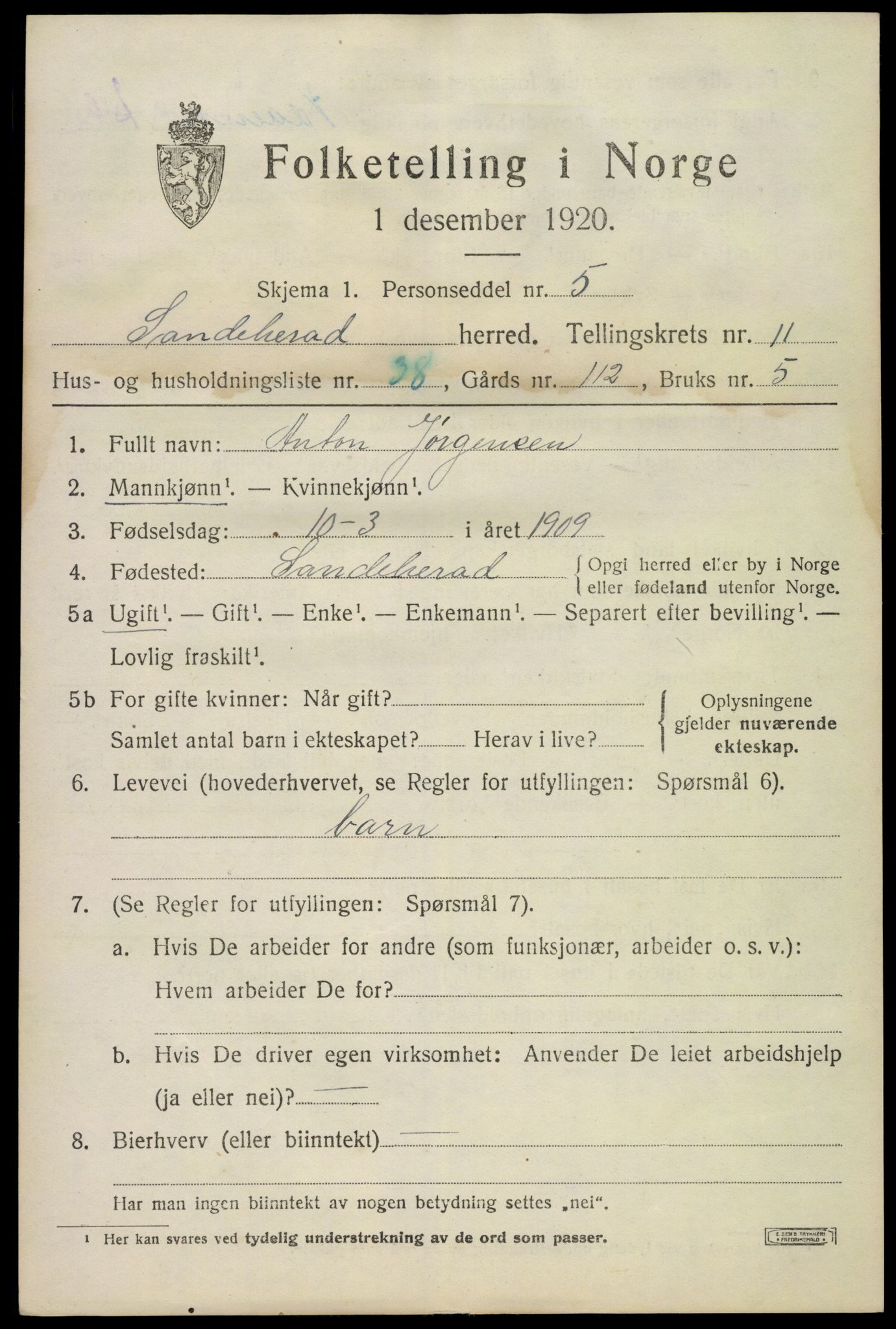 SAKO, 1920 census for Sandeherred, 1920, p. 16144