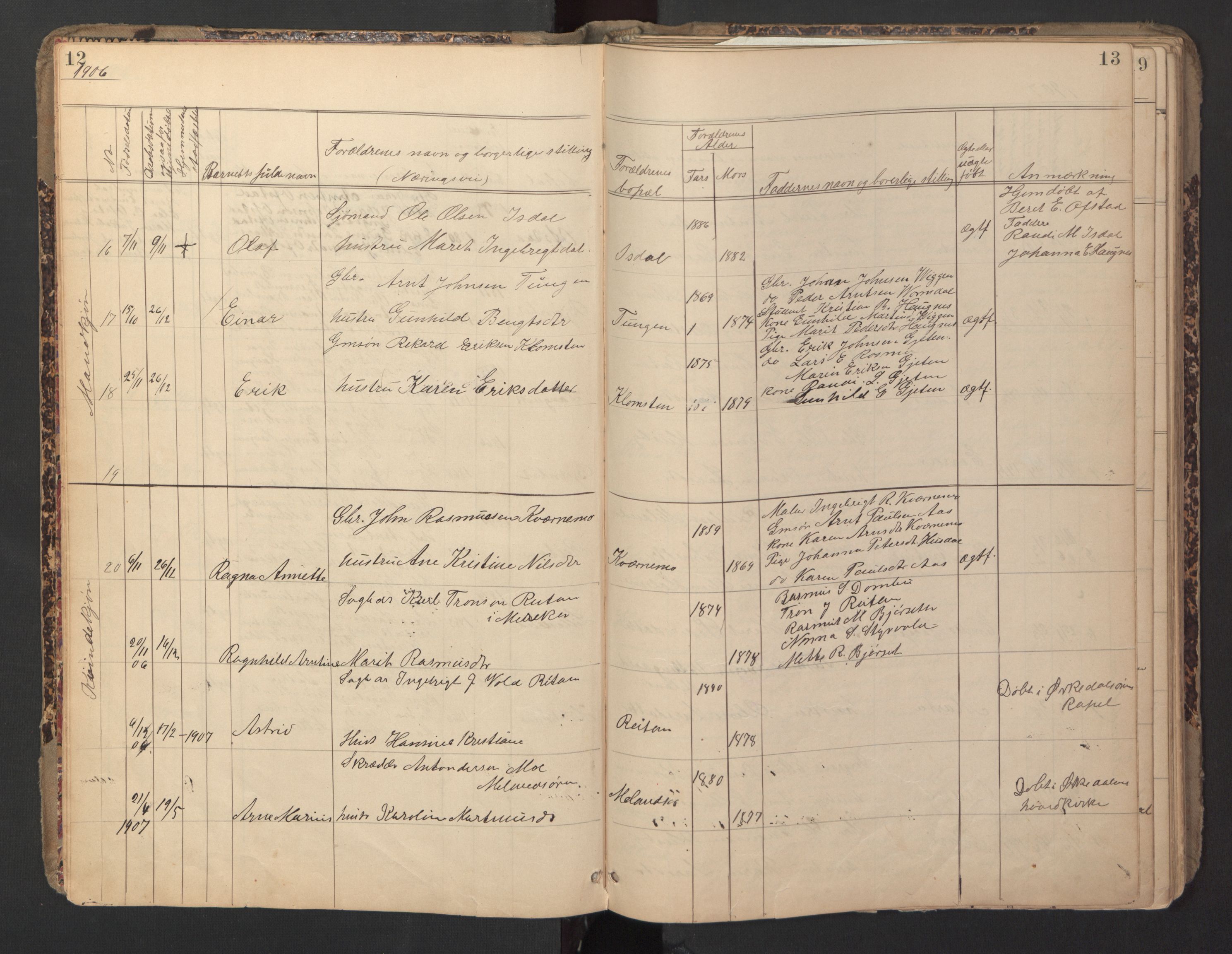 Ministerialprotokoller, klokkerbøker og fødselsregistre - Sør-Trøndelag, SAT/A-1456/670/L0837: Parish register (copy) no. 670C01, 1905-1946, p. 12-13