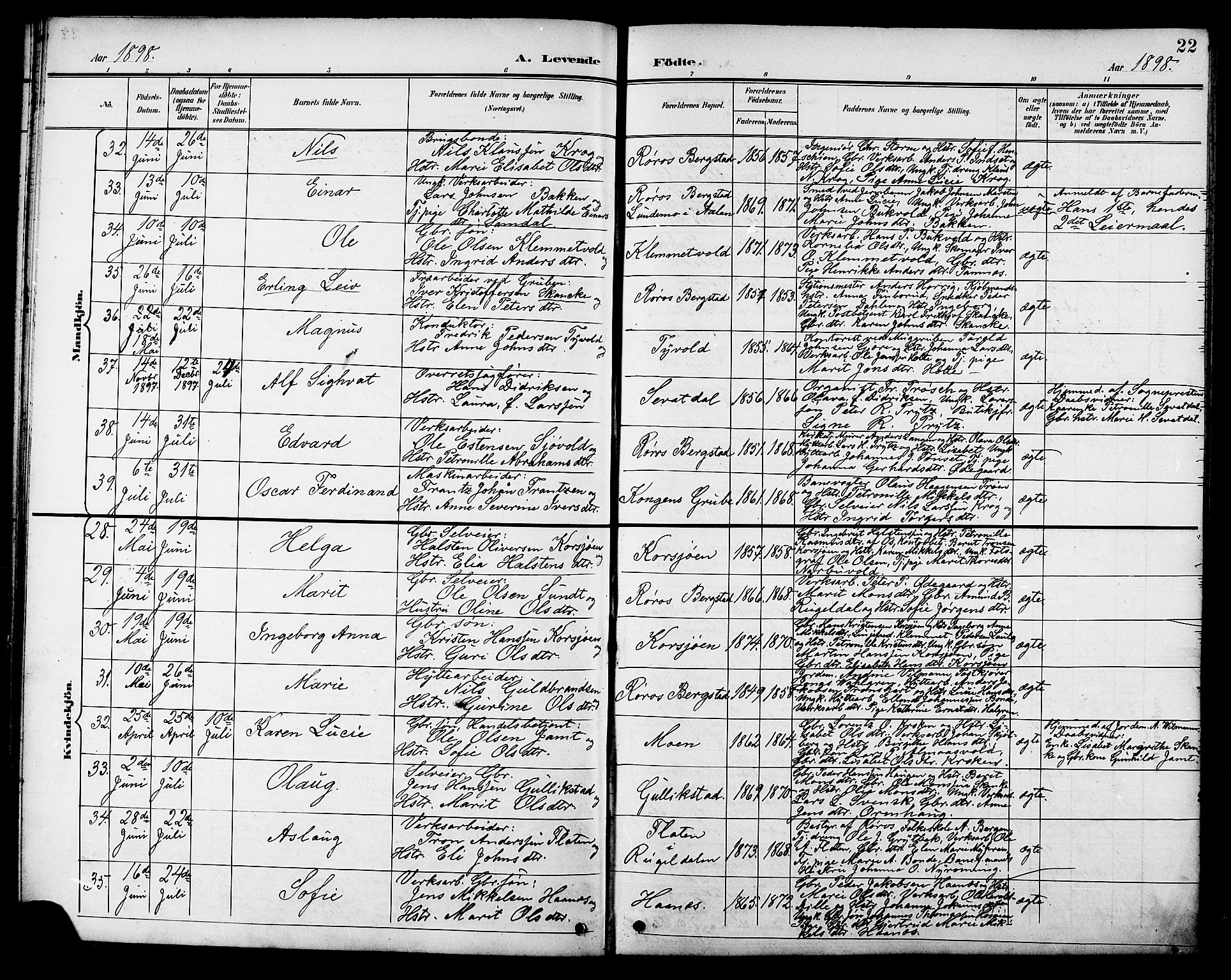 Ministerialprotokoller, klokkerbøker og fødselsregistre - Sør-Trøndelag, AV/SAT-A-1456/681/L0941: Parish register (copy) no. 681C05, 1896-1905, p. 22