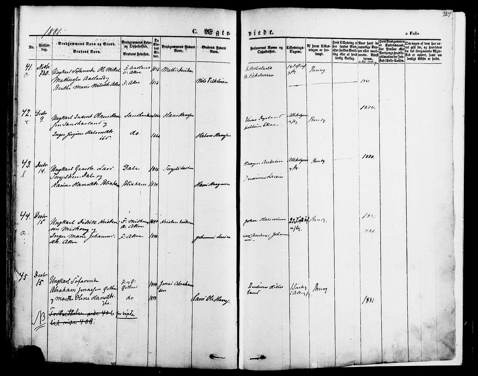 Skudenes sokneprestkontor, SAST/A -101849/H/Ha/Haa/L0006: Parish register (official) no. A 4, 1864-1881, p. 327
