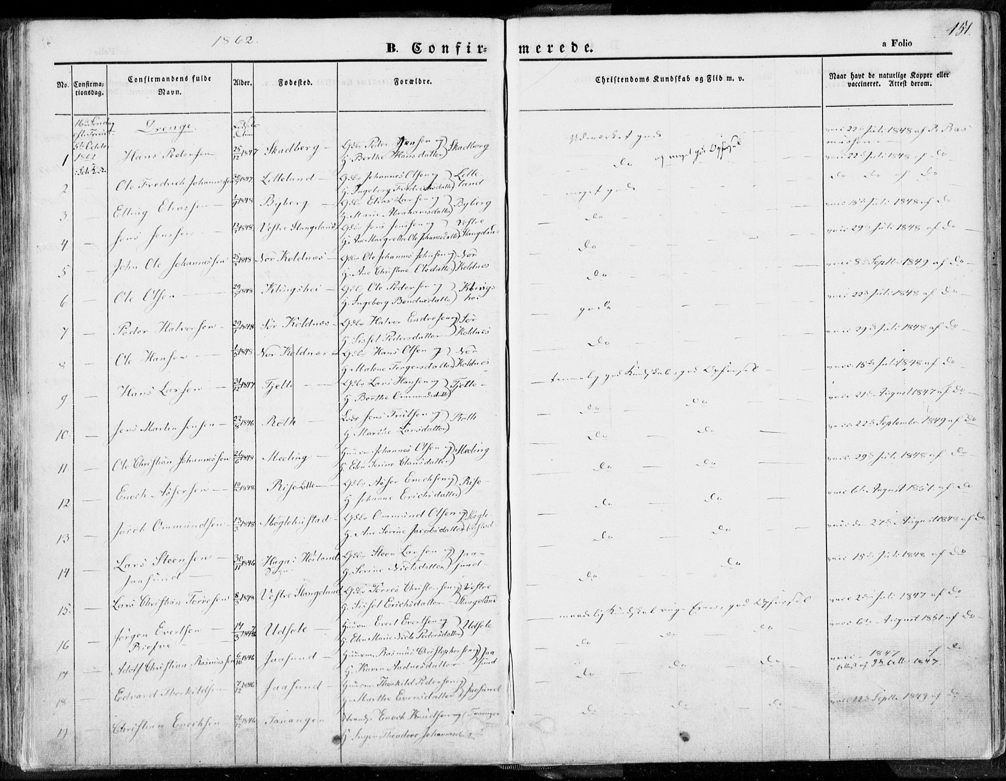 Håland sokneprestkontor, AV/SAST-A-101802/001/30BA/L0007: Parish register (official) no. A 7.1, 1854-1870, p. 151