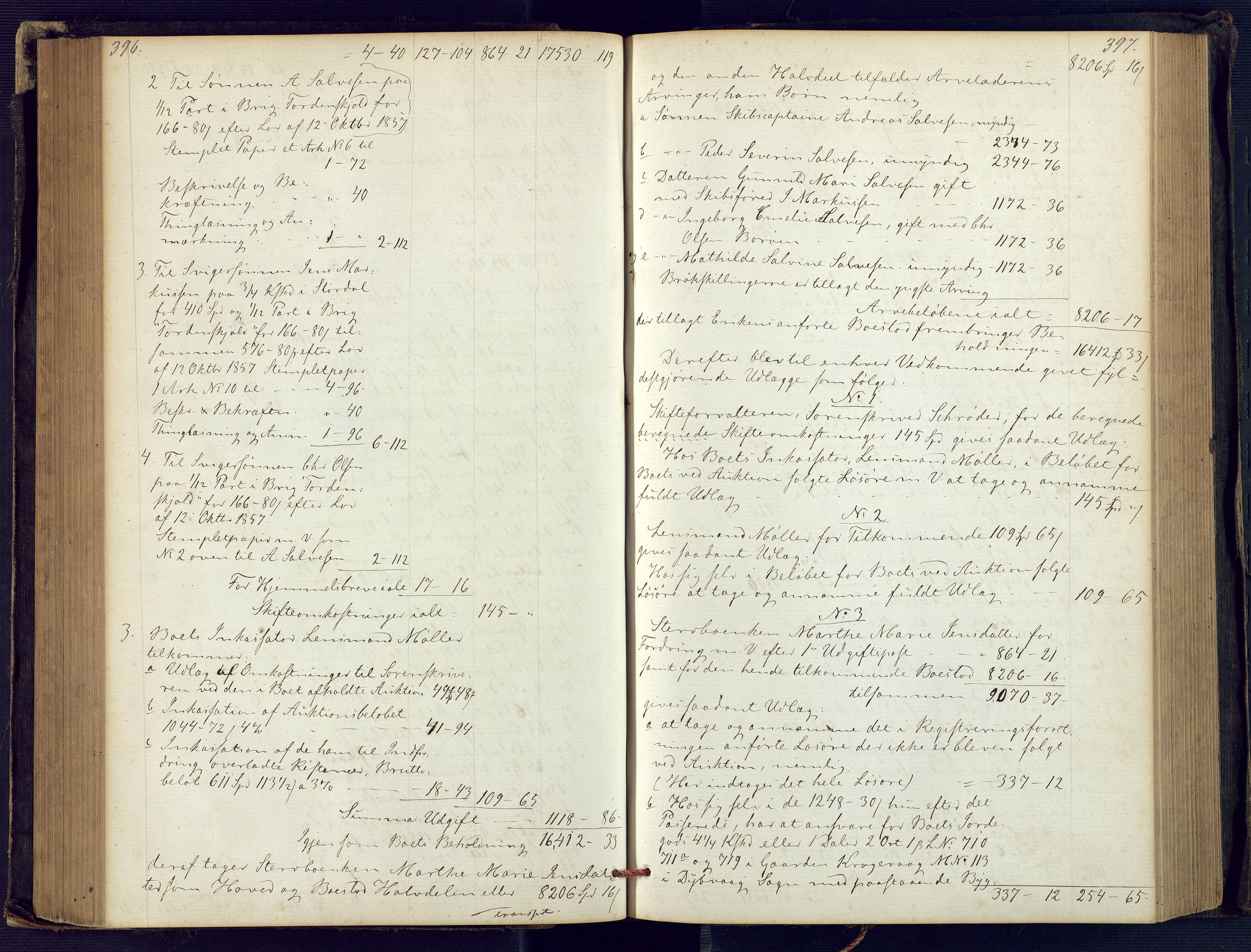 Holt sorenskriveri, SAK/1221-0002/H/Hc/L0029: Skifteutlodningsprotokoll nr. 4 med løst register, 1857-1862, p. 396-397