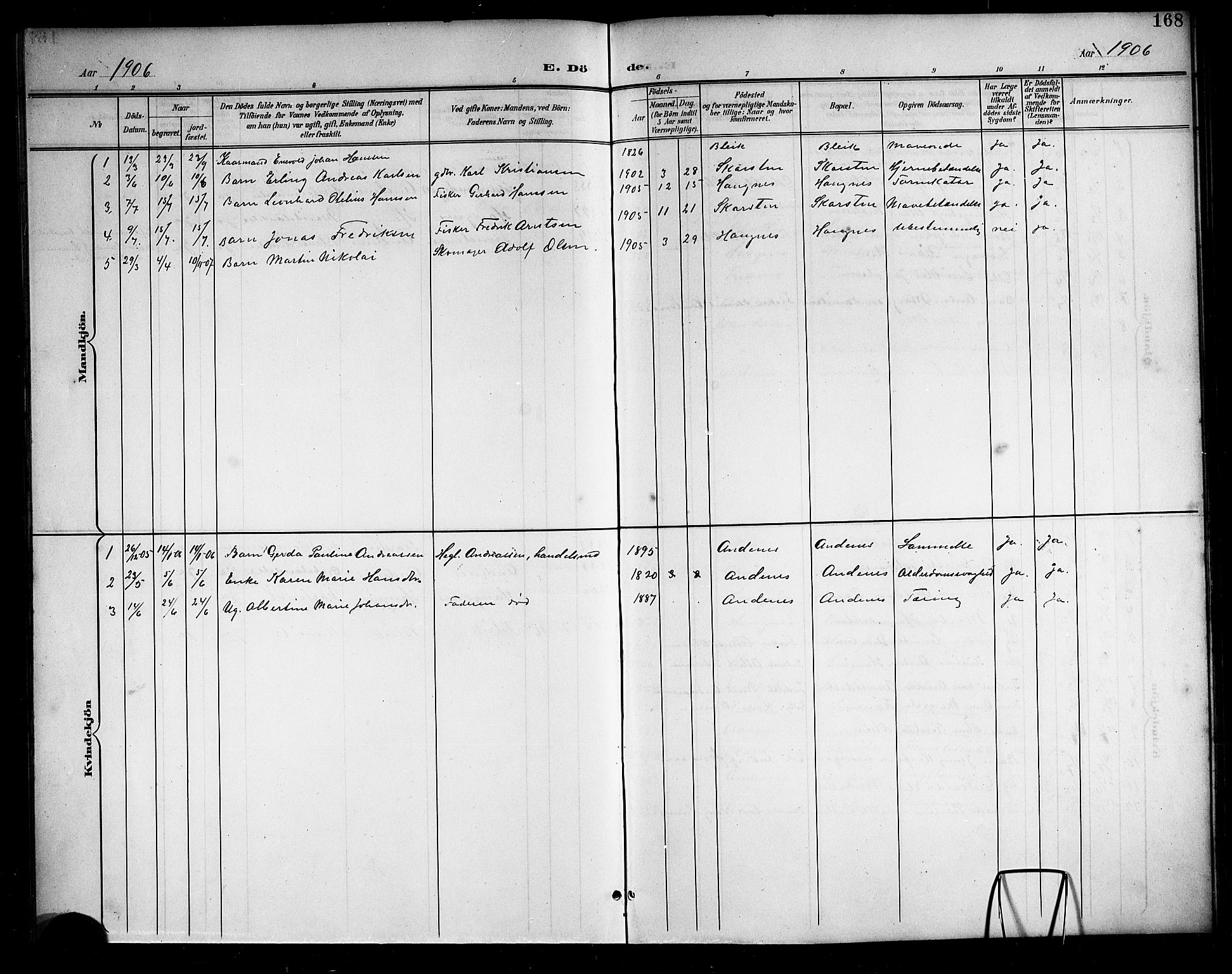 Ministerialprotokoller, klokkerbøker og fødselsregistre - Nordland, SAT/A-1459/899/L1449: Parish register (copy) no. 899C04, 1900-1918, p. 168