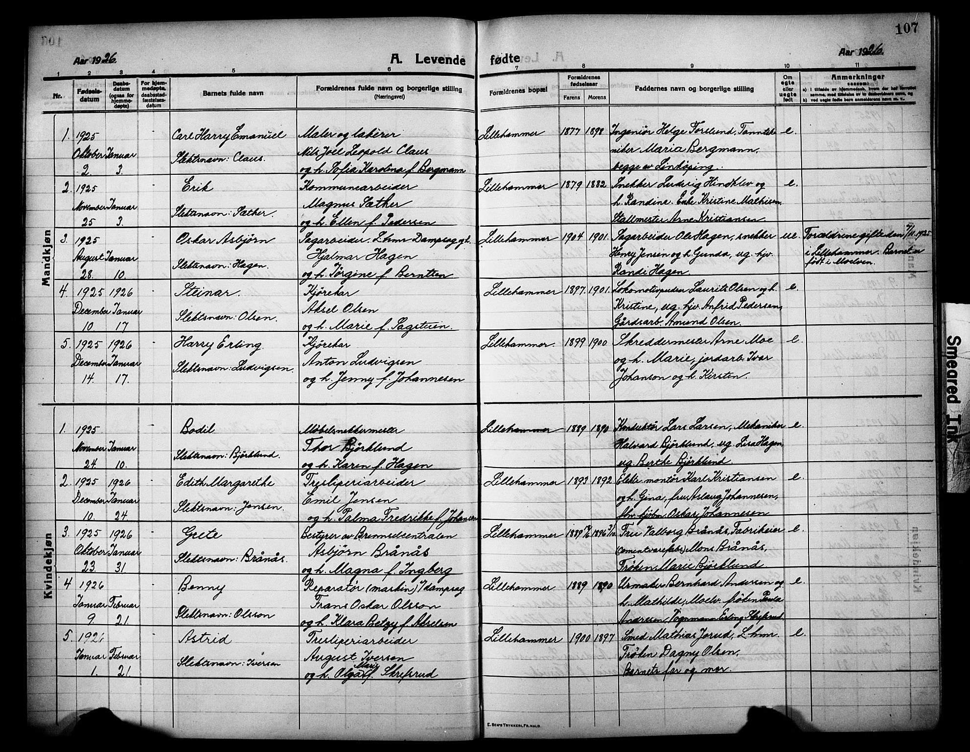 Lillehammer prestekontor, SAH/PREST-088/H/Ha/Hab/L0002: Parish register (copy) no. 2, 1913-1929, p. 107