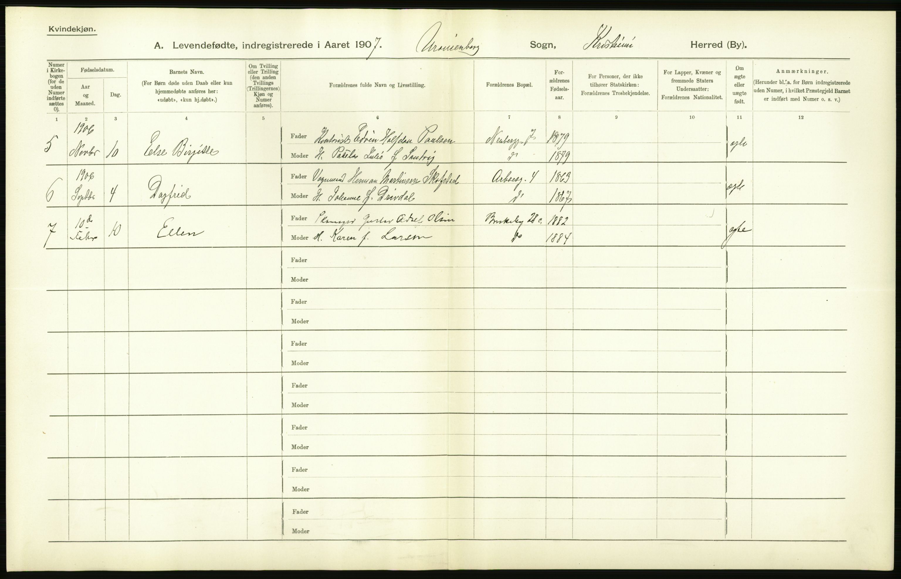 Statistisk sentralbyrå, Sosiodemografiske emner, Befolkning, AV/RA-S-2228/D/Df/Dfa/Dfae/L0006: Kristiania: Levendefødte menn og kvinner., 1907, p. 322