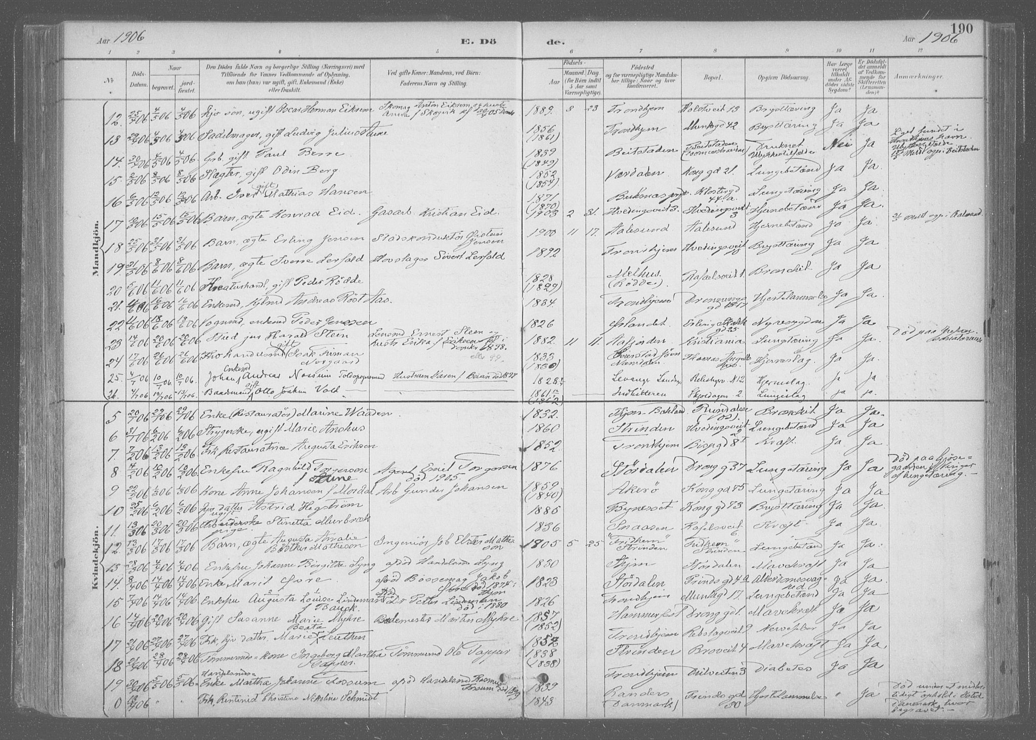 Ministerialprotokoller, klokkerbøker og fødselsregistre - Sør-Trøndelag, SAT/A-1456/601/L0064: Parish register (official) no. 601A31, 1891-1911, p. 190