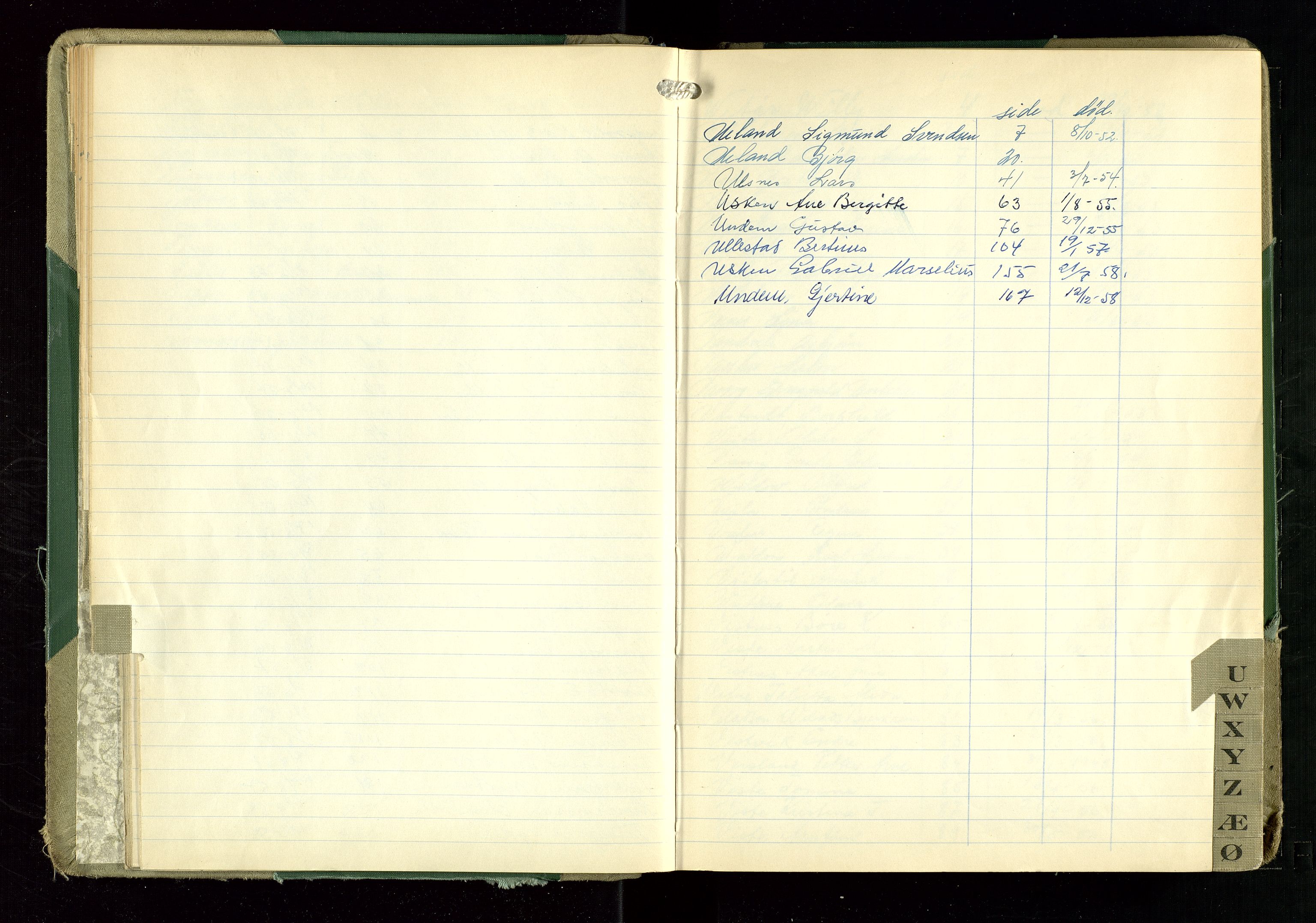 Hetland lensmannskontor, AV/SAST-A-100101/Gga/L0006: "Protokoll over anmeldte dødsfall" (med alfabetisk navneregister), 1952-1959