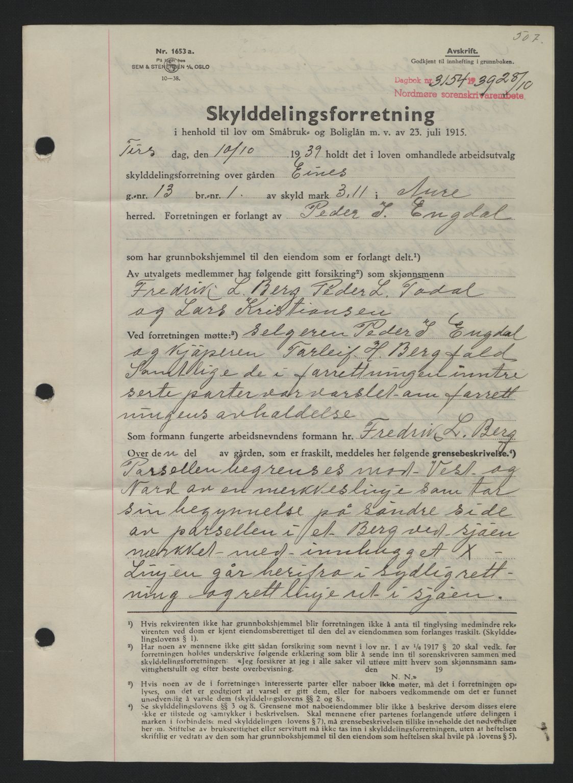 Nordmøre sorenskriveri, AV/SAT-A-4132/1/2/2Ca: Mortgage book no. A87, 1939-1940, Diary no: : 3154/1939