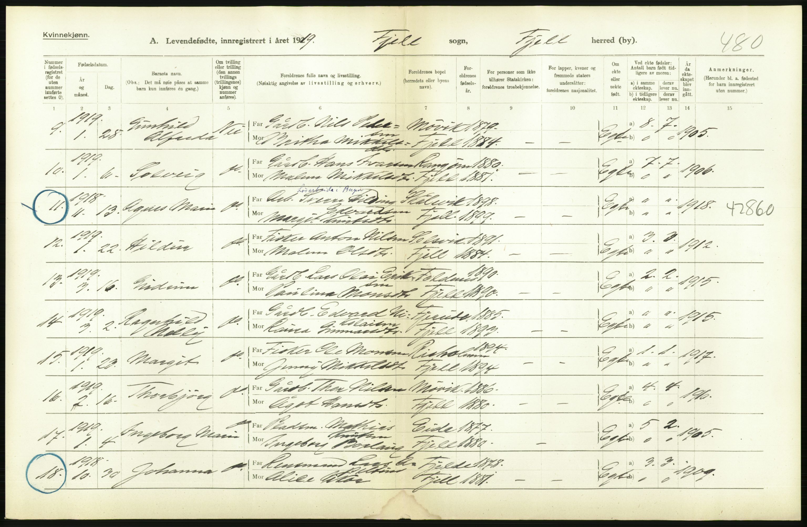 Statistisk sentralbyrå, Sosiodemografiske emner, Befolkning, RA/S-2228/D/Df/Dfb/Dfbi/L0031: Hordaland fylke: Levendefødte menn og kvinner. Bygder., 1919, p. 250