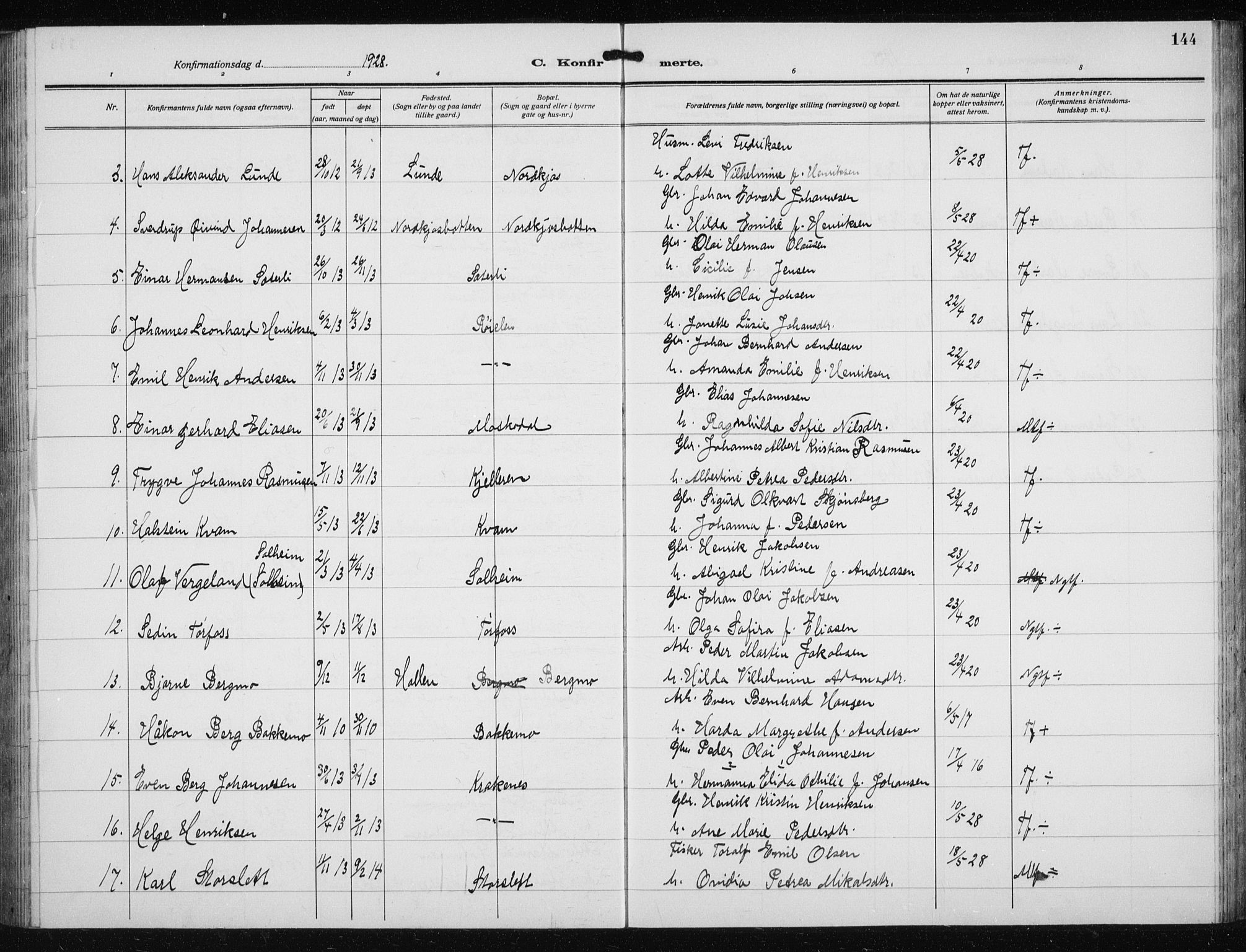 Skjervøy sokneprestkontor, AV/SATØ-S-1300/H/Ha/Hab/L0023klokker: Parish register (copy) no. 23, 1927-1943, p. 144