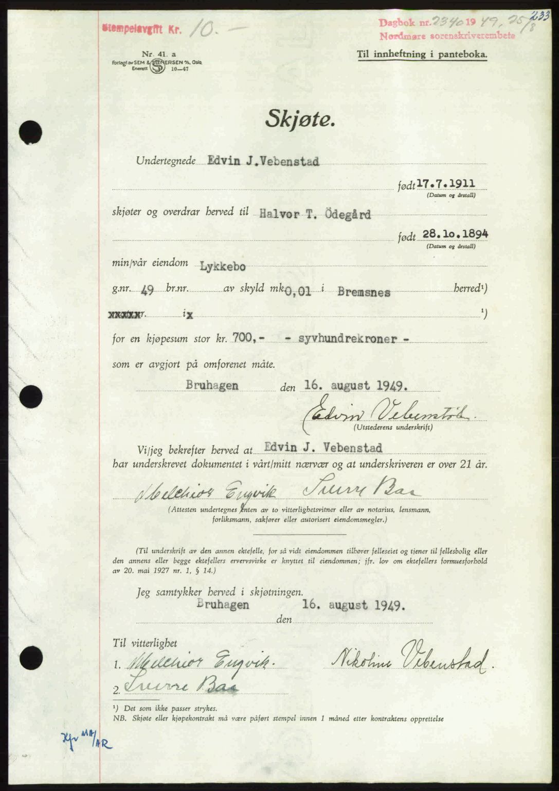 Nordmøre sorenskriveri, AV/SAT-A-4132/1/2/2Ca: Mortgage book no. A112, 1949-1949, Diary no: : 2340/1949