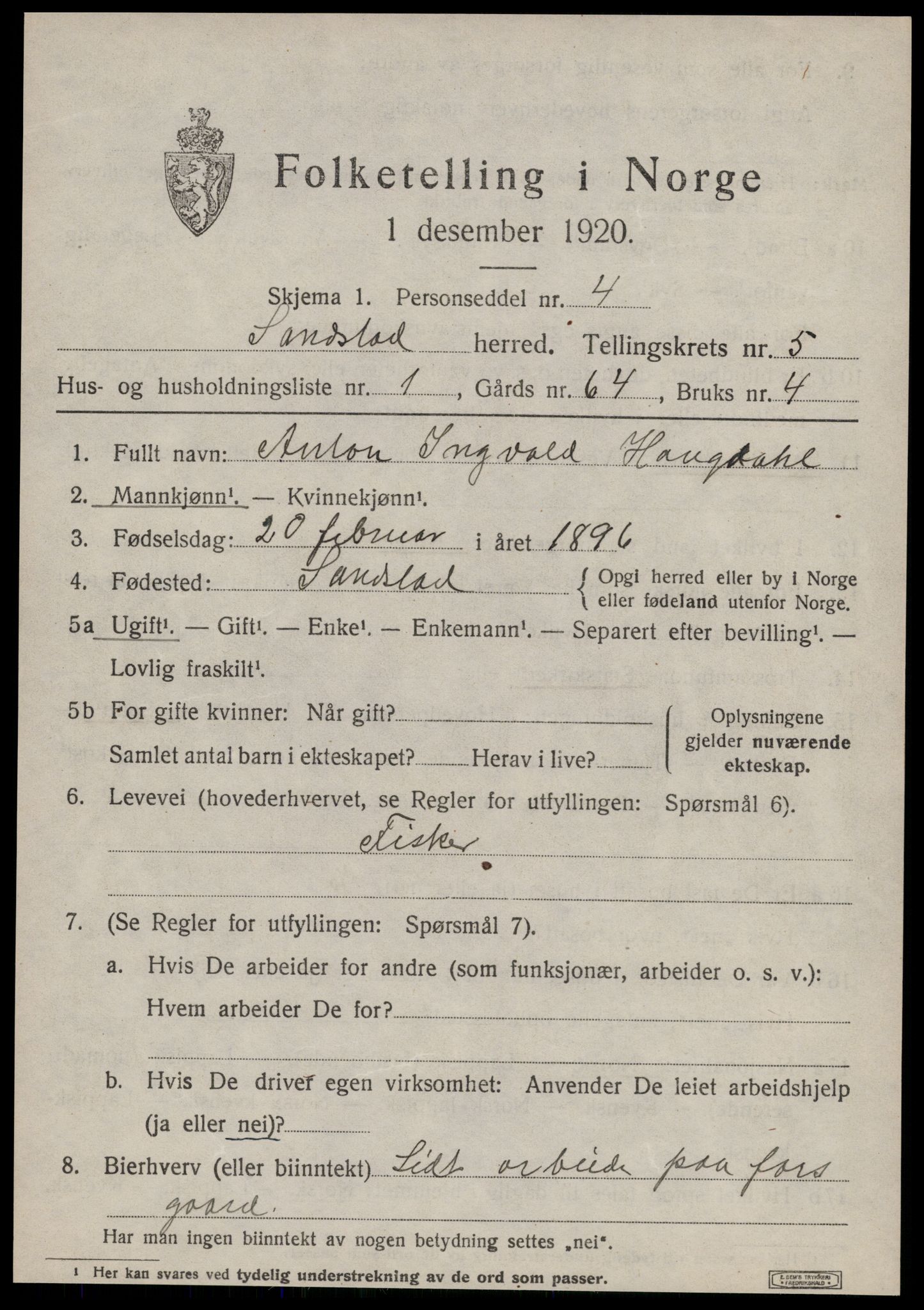 SAT, 1920 census for Sandstad, 1920, p. 2091